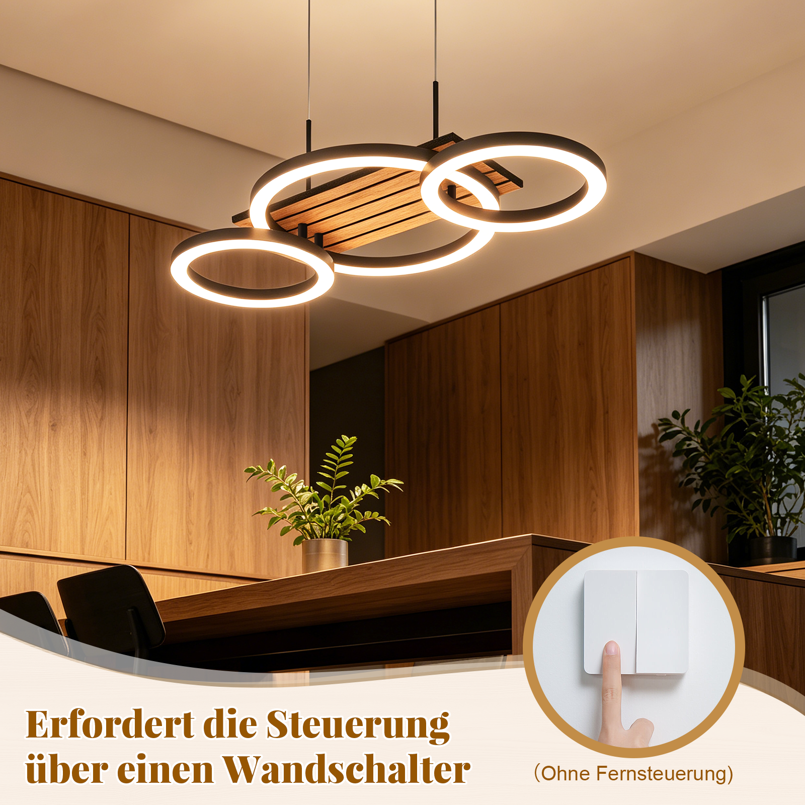Lámpara colgante moderna con madera y anillos sobre una mesa, inserción de interruptor.