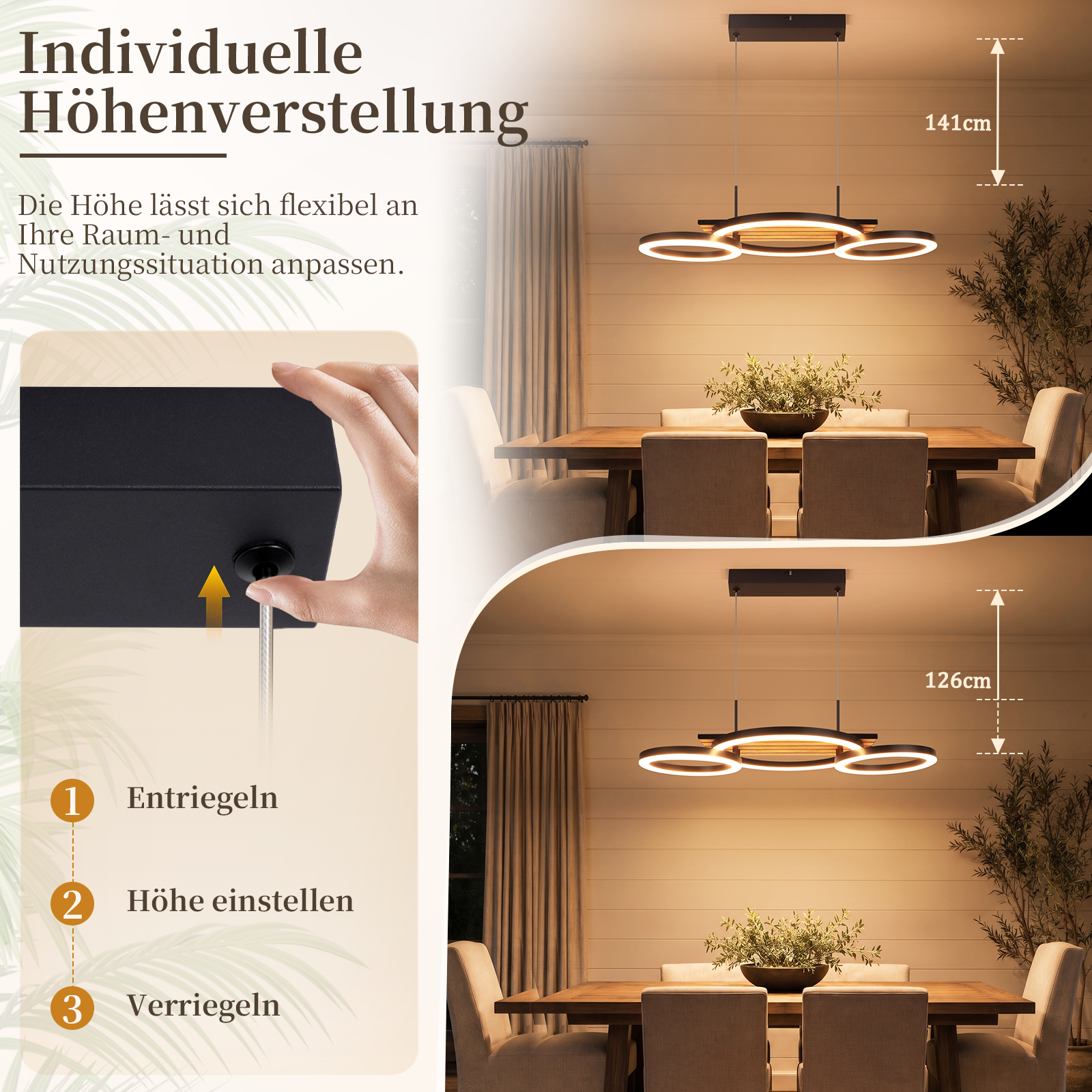 Infografía que muestra la lámpara colgante LED ajustable sobre una mesa.