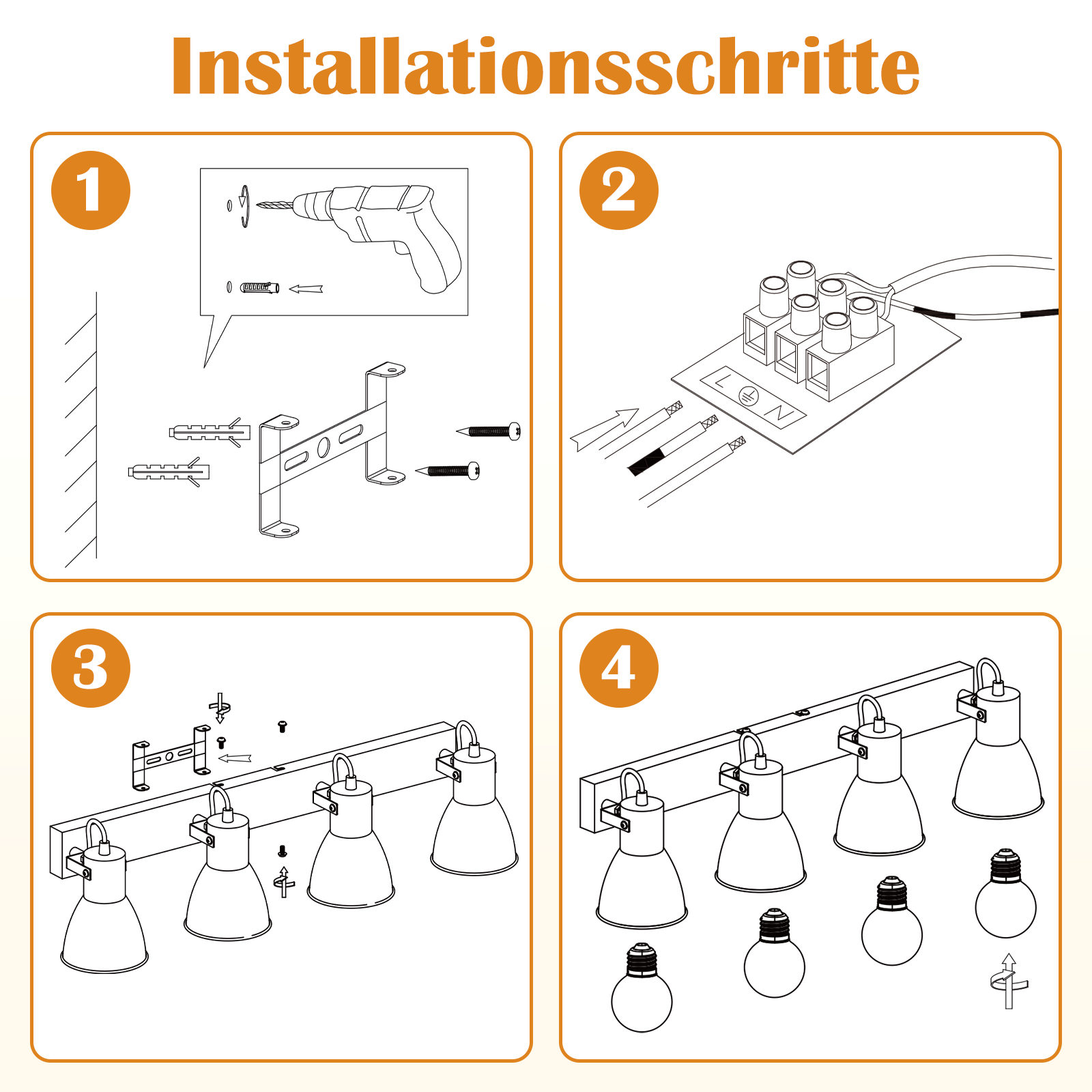 Instrucciones de instalación en cuatro pasos para un aplique de pared con diagramas.