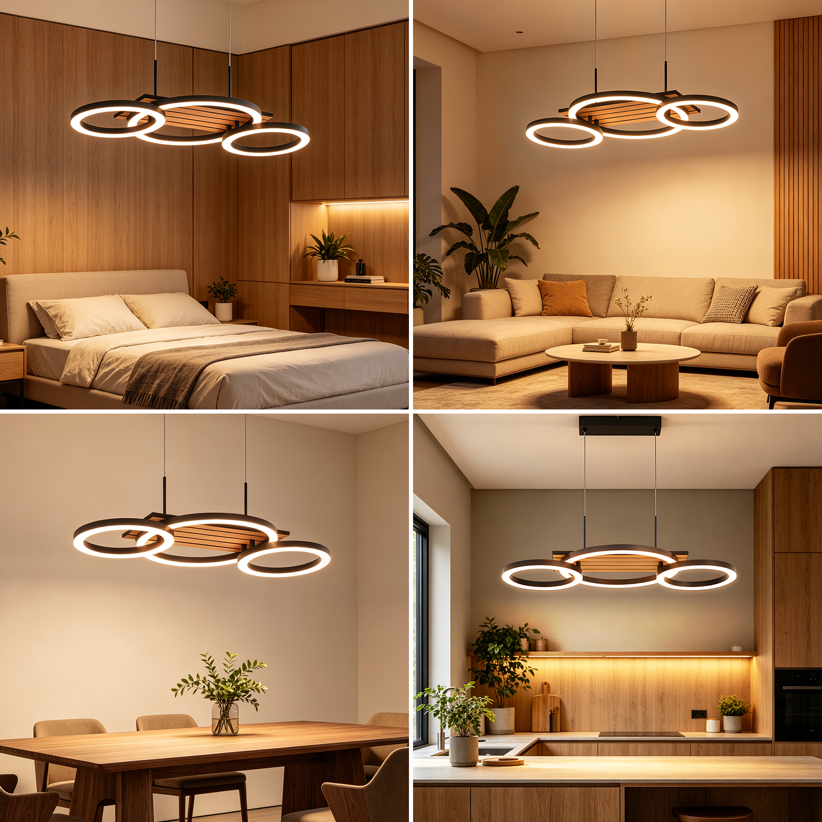 Una moderna lámpara colgante de madera y negro con anillos luminosos ilumina varios espacios como dormitorios y salones.