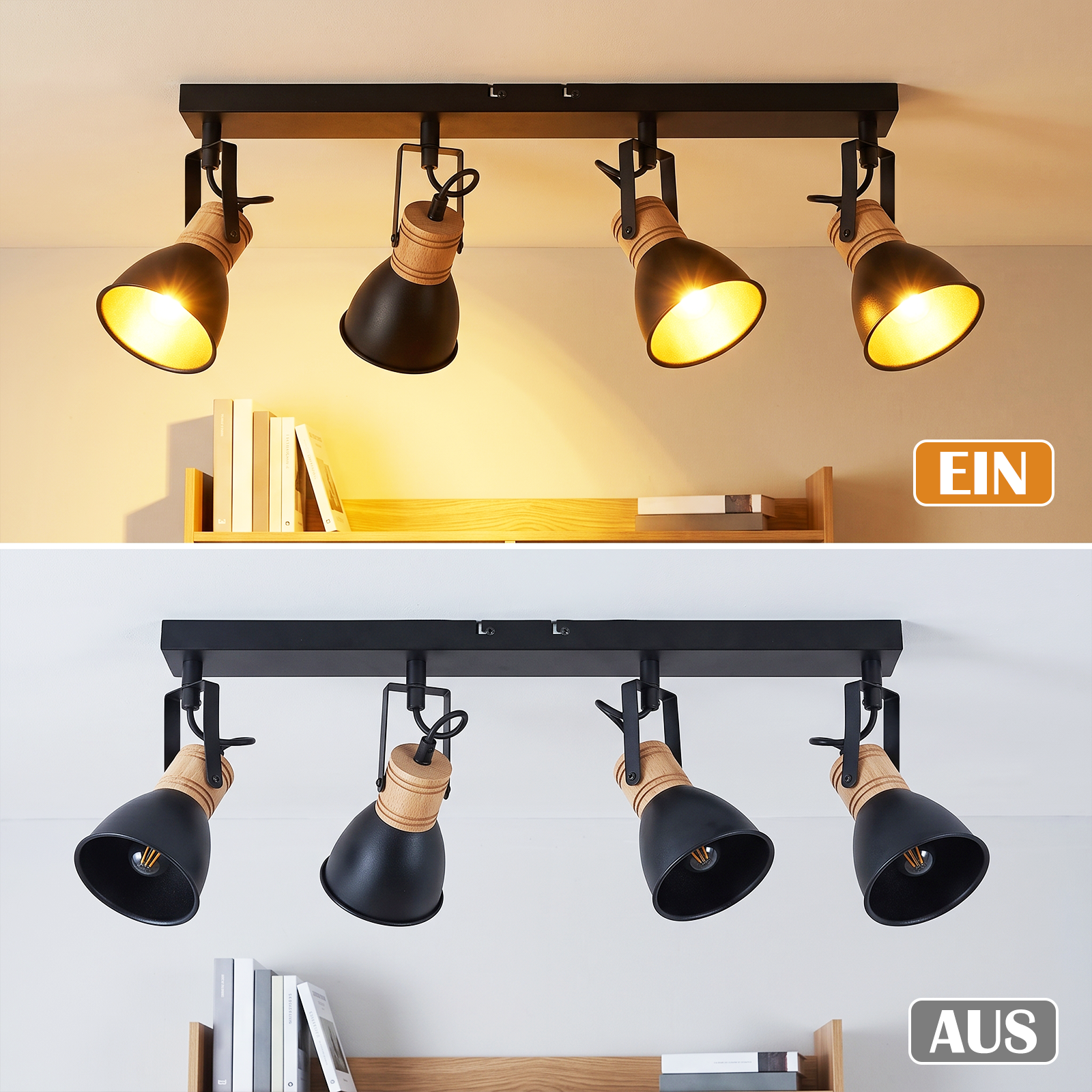 Comparación de dos lámparas de techo con cuatro focos negros y de madera, mostradas encendidas y apagadas.
