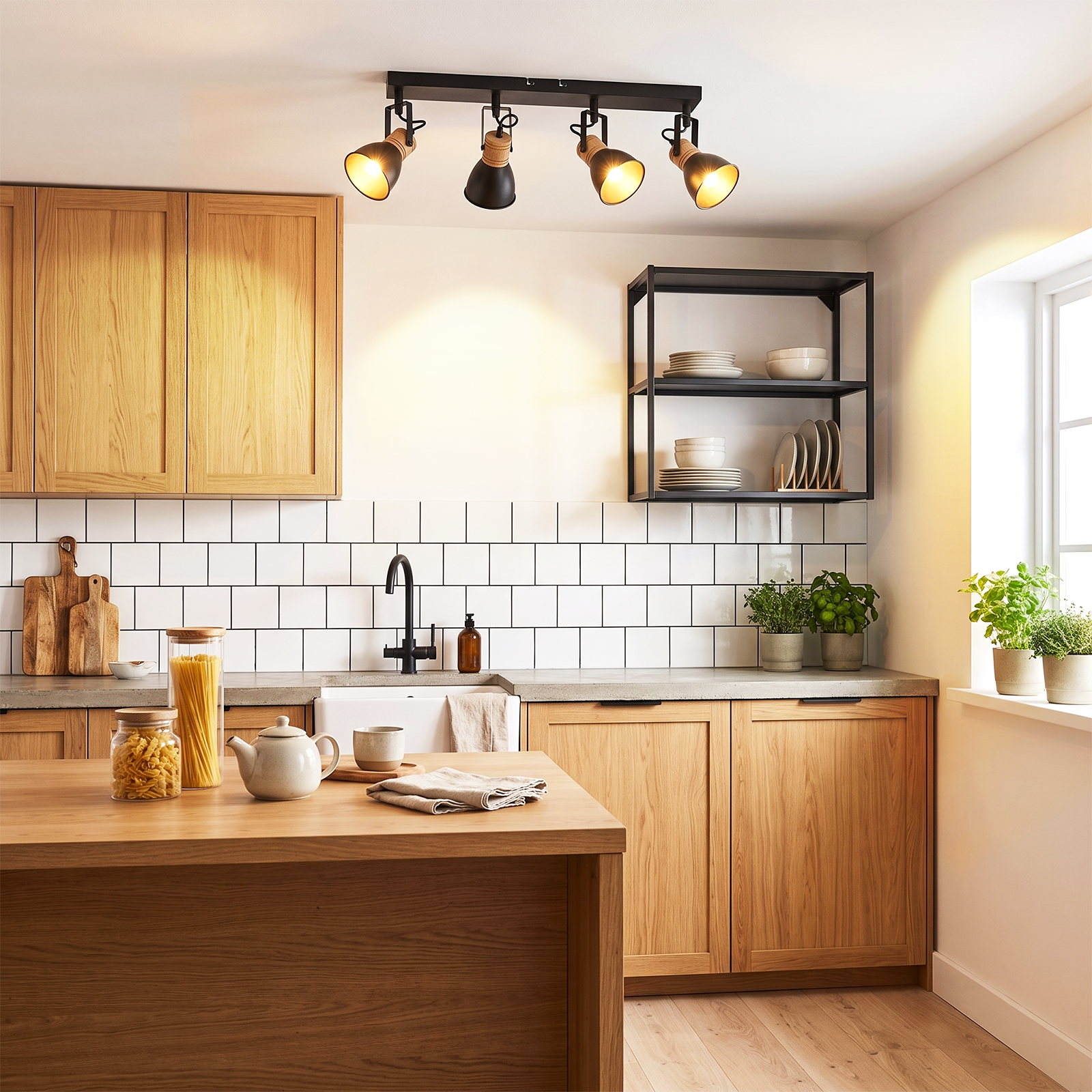 Cocina moderna con gabinetes de madera, azulejos blancos, foco de techo negro e isla de cocina con tetera.