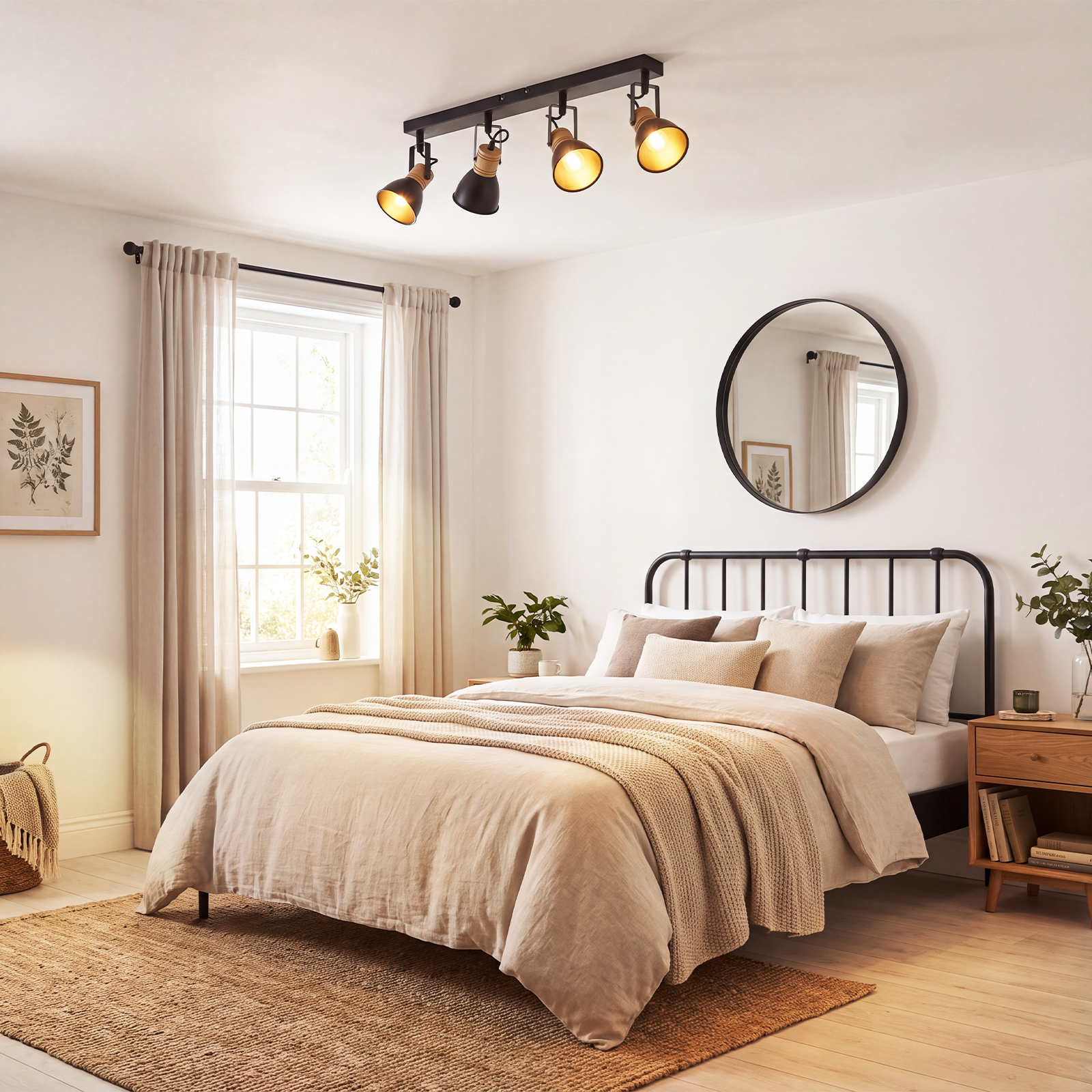 Acogedor dormitorio con cama de marco negro, ropa de cama beige, espejo redondo y foco de techo.