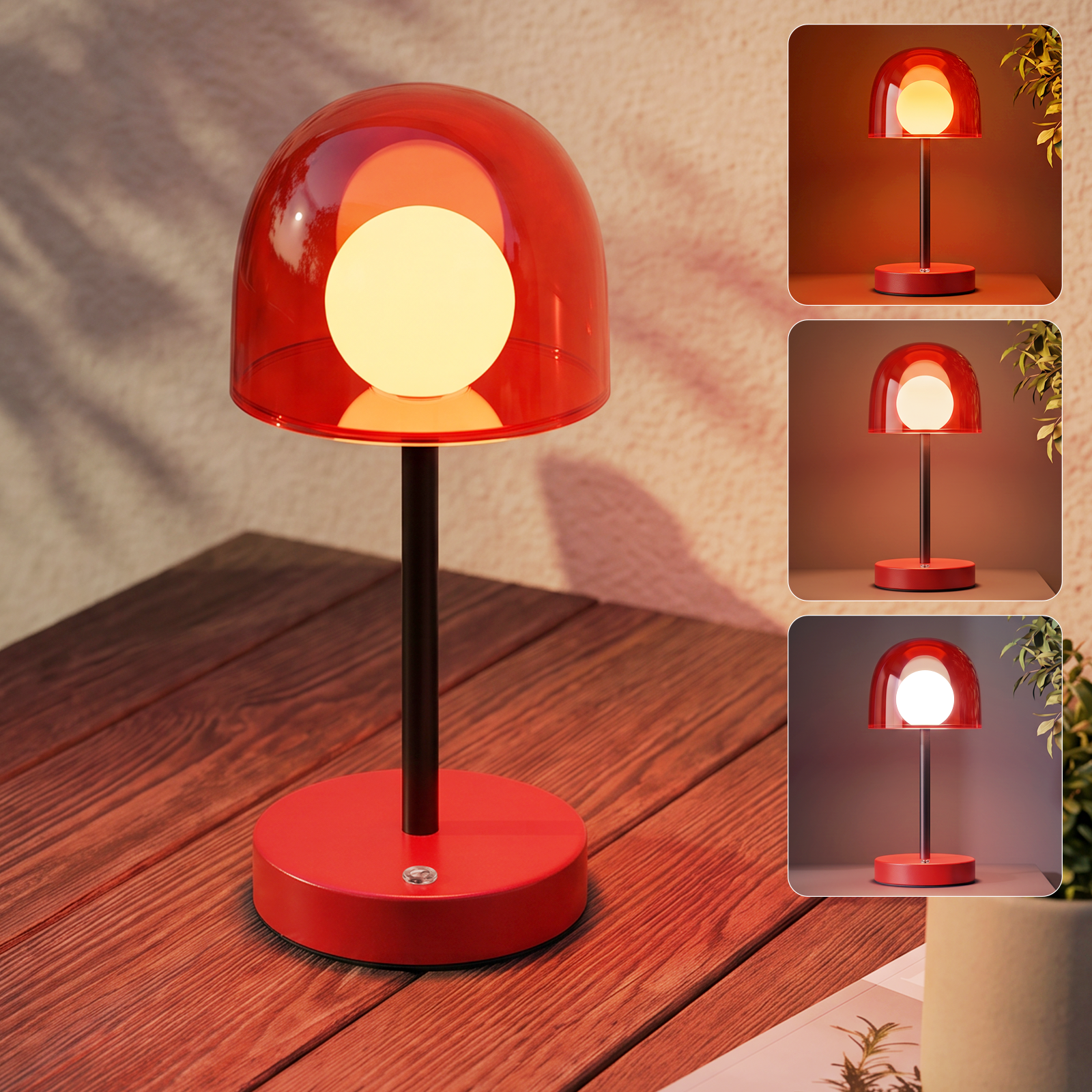 Una lámpara de mesa roja con una esfera brillante sobre una mesa de madera; a la derecha se muestran tres modos.