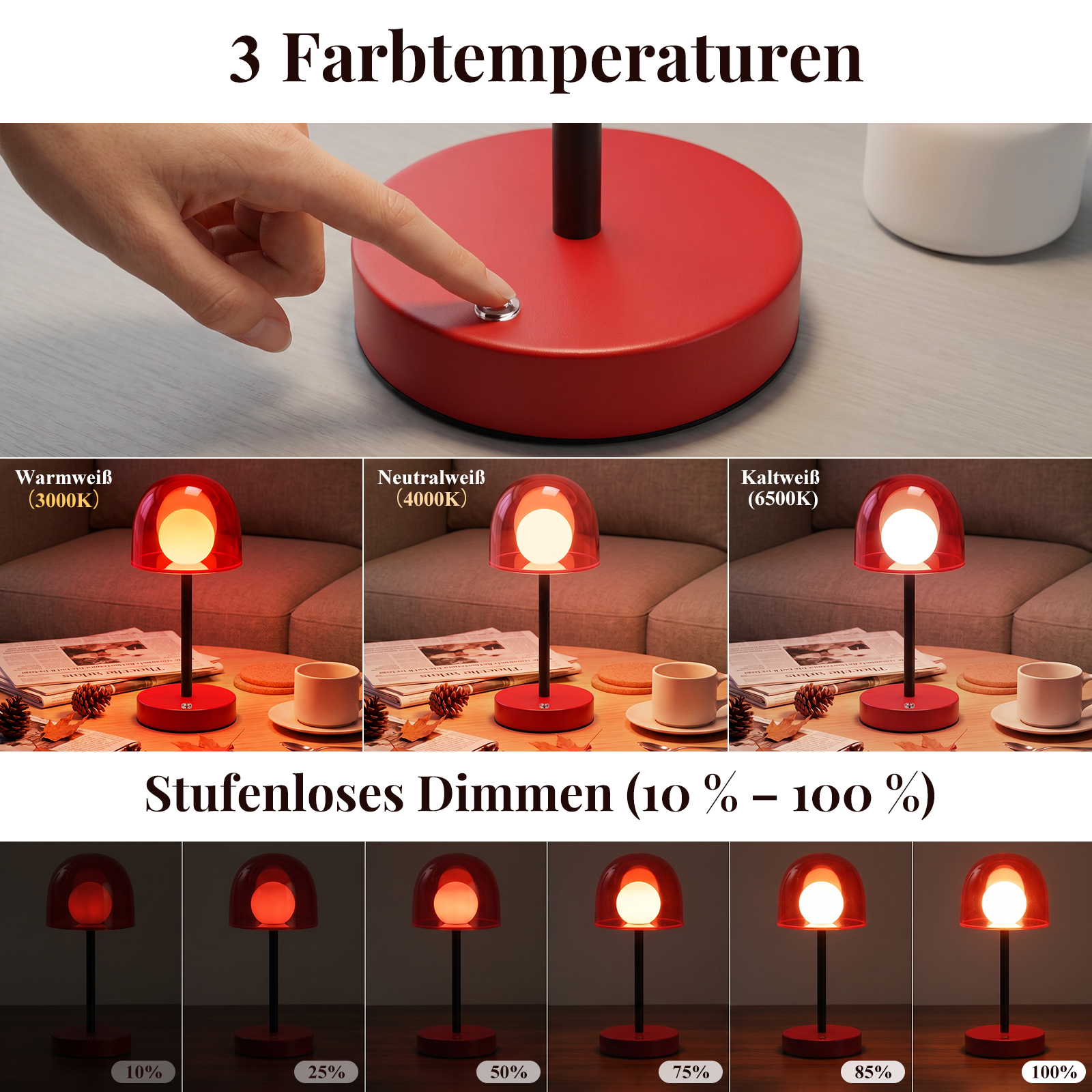Mano toca el botón de la lámpara. Muestra tres temperaturas de color y atenuación.