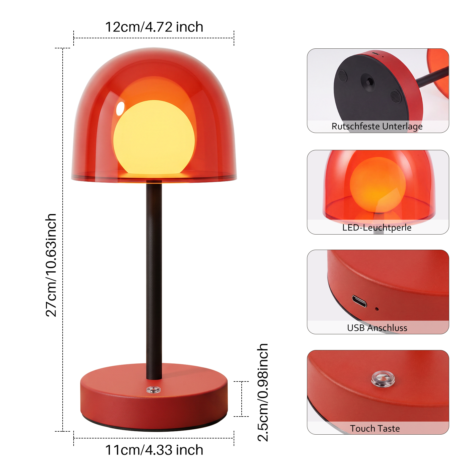 Lámpara de escritorio roja y negra con dimensiones, luz LED, puerto USB y botón táctil.