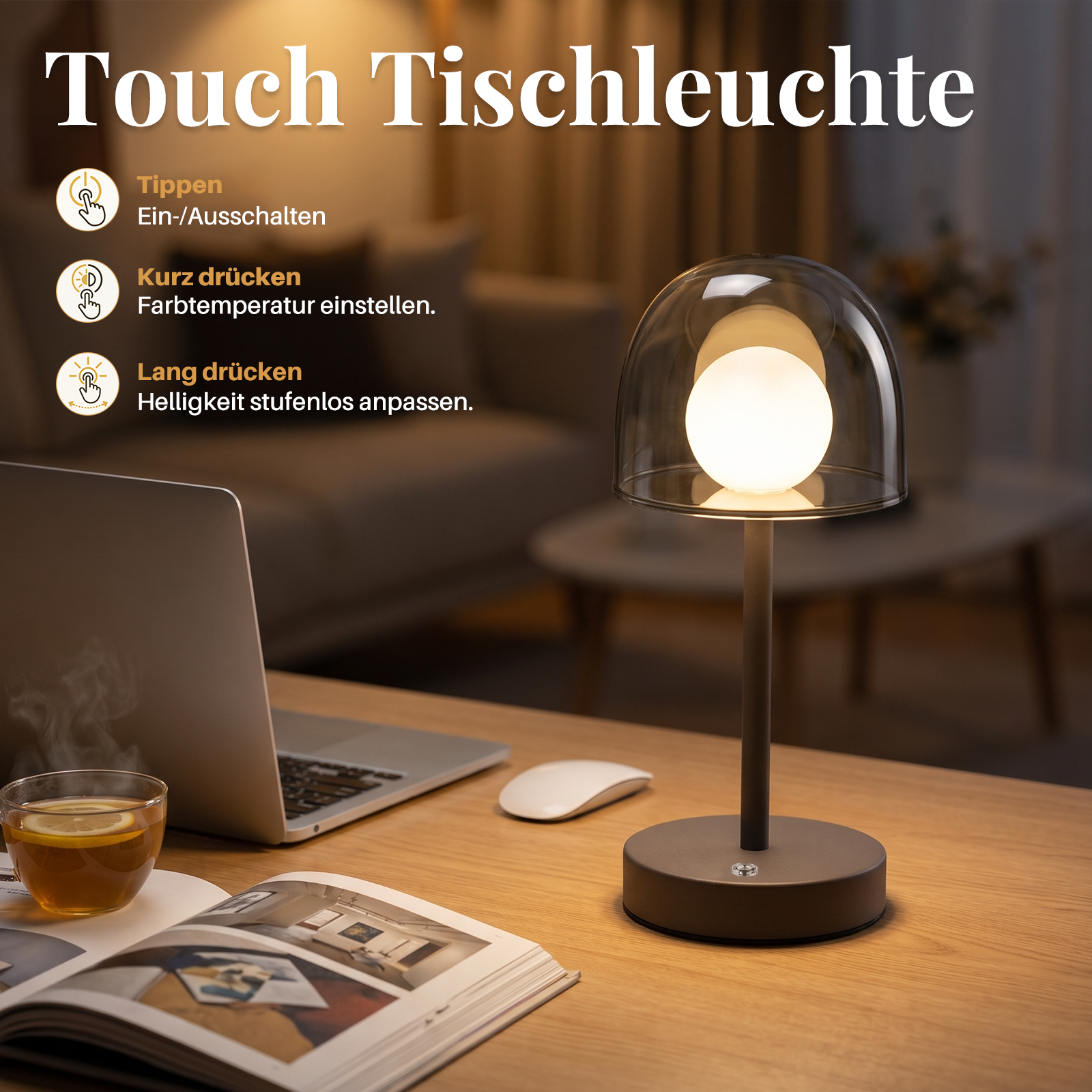 Moderna lámpara de mesa táctil con cúpula de vidrio redonda en un escritorio junto a una laptop, libro y taza.