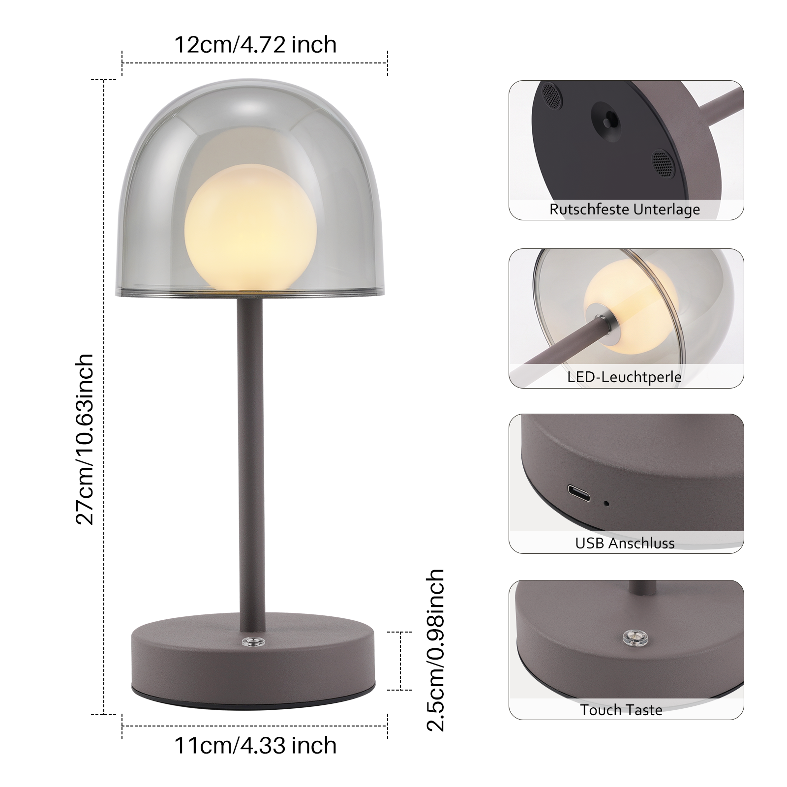 Dibujo técnico y detalles de una lámpara de mesa moderna con cúpula gris y puerto USB.