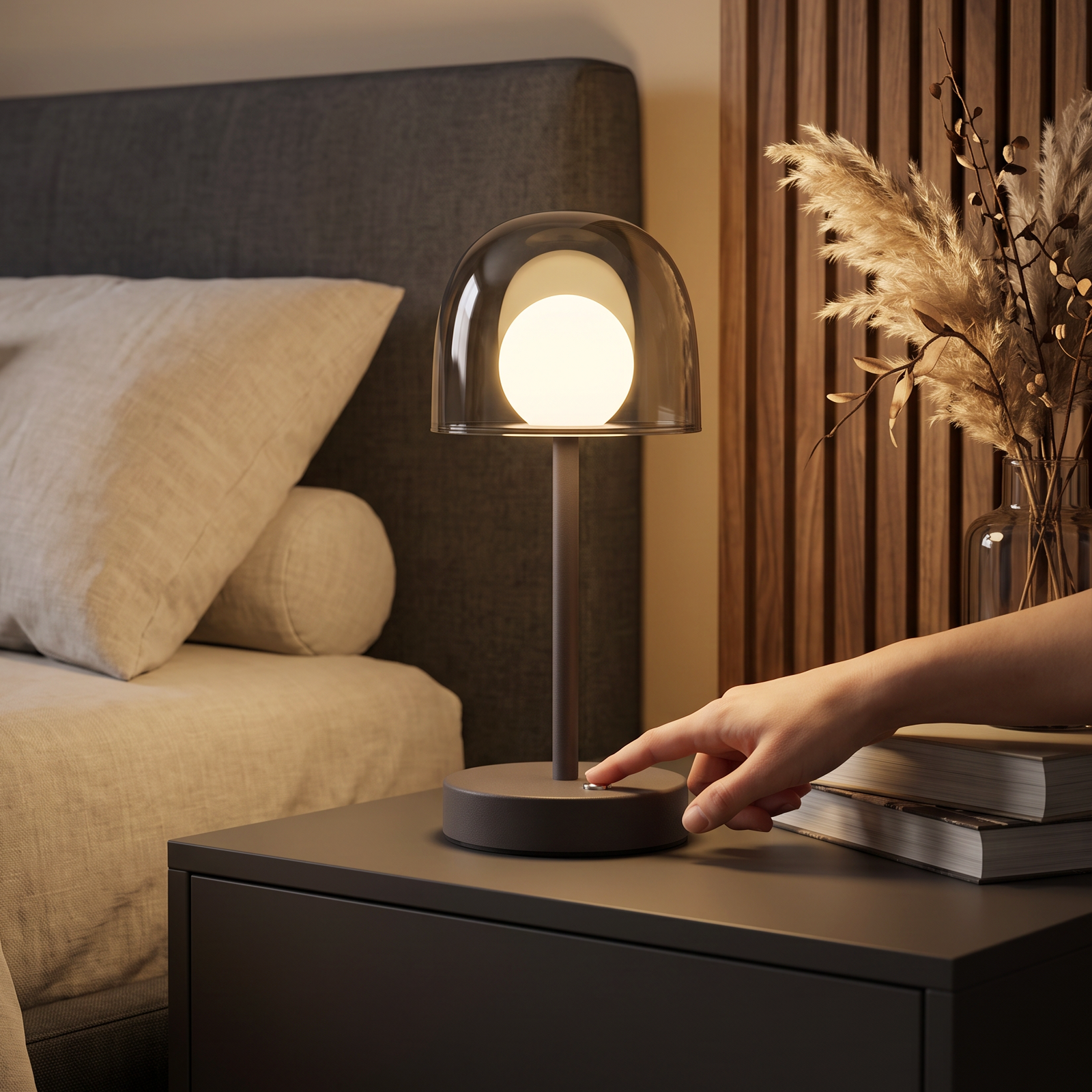 Una mano enciende una moderna lámpara de noche con cúpula de cristal en una mesita oscura junto a una cama.