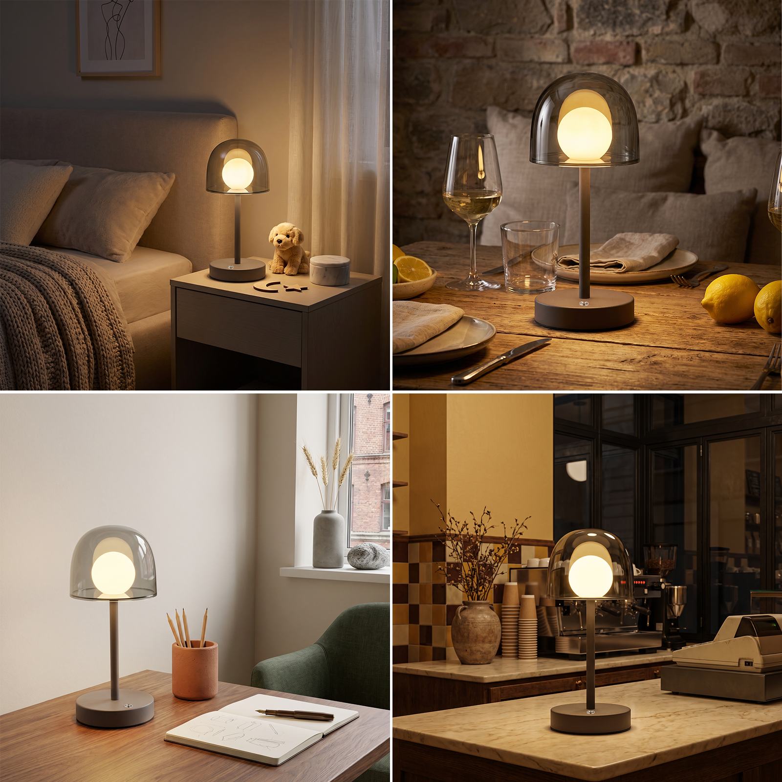Lámpara de mesa gris moderna con una pantalla redonda iluminada en varios ambientes.