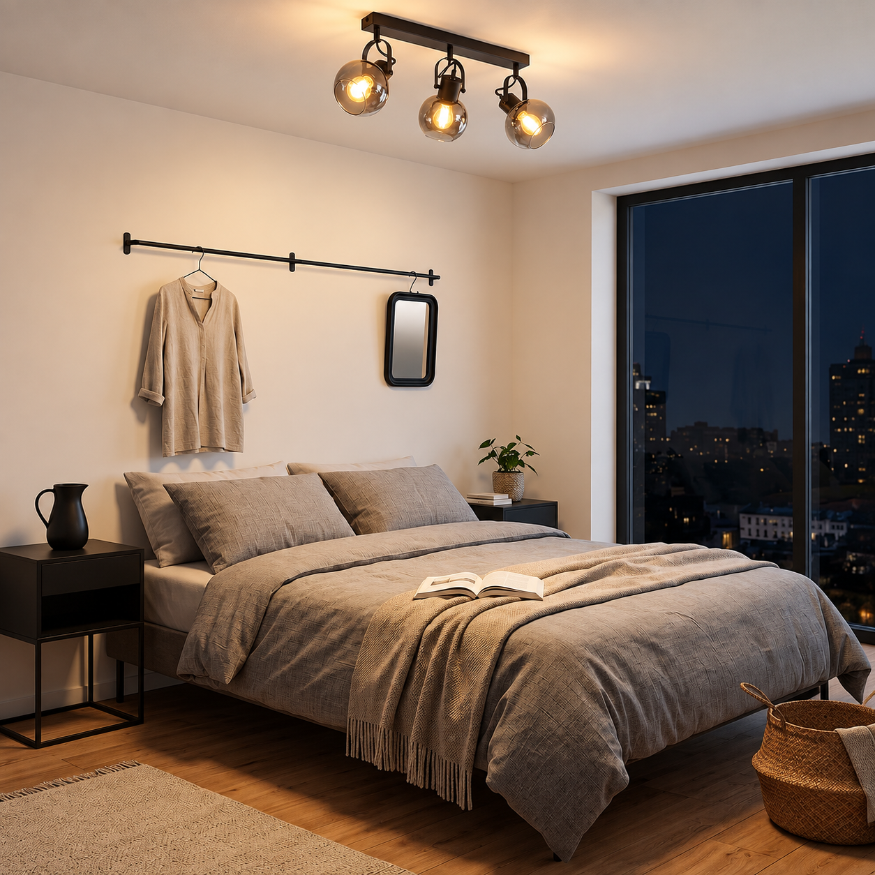 Cómodo dormitorio con cama gris, lámpara de techo y mesitas de noche por la noche con vistas a la ciudad.