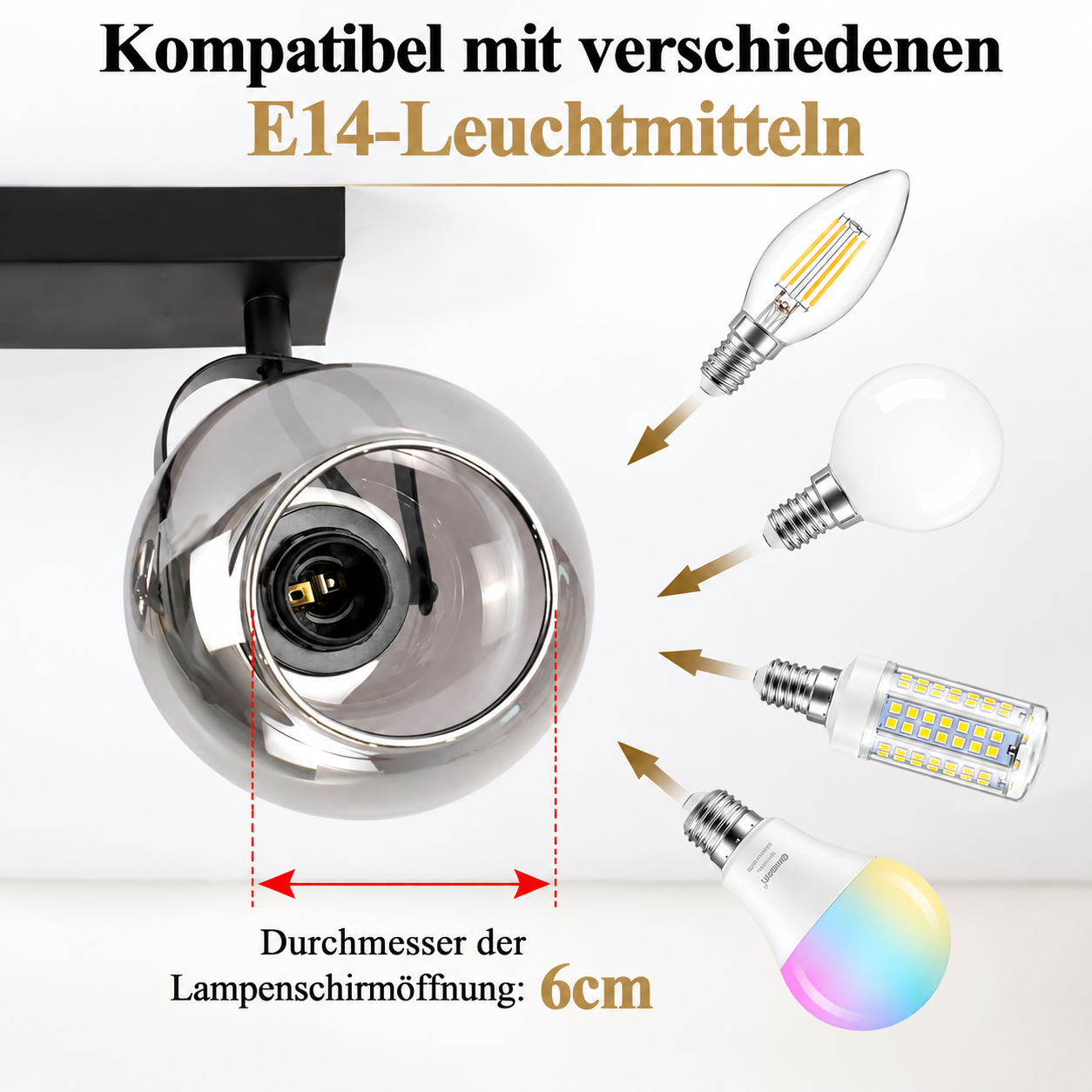 Lámpara de techo con apertura de pantalla de 6 cm, compatible con varias bombillas E14.