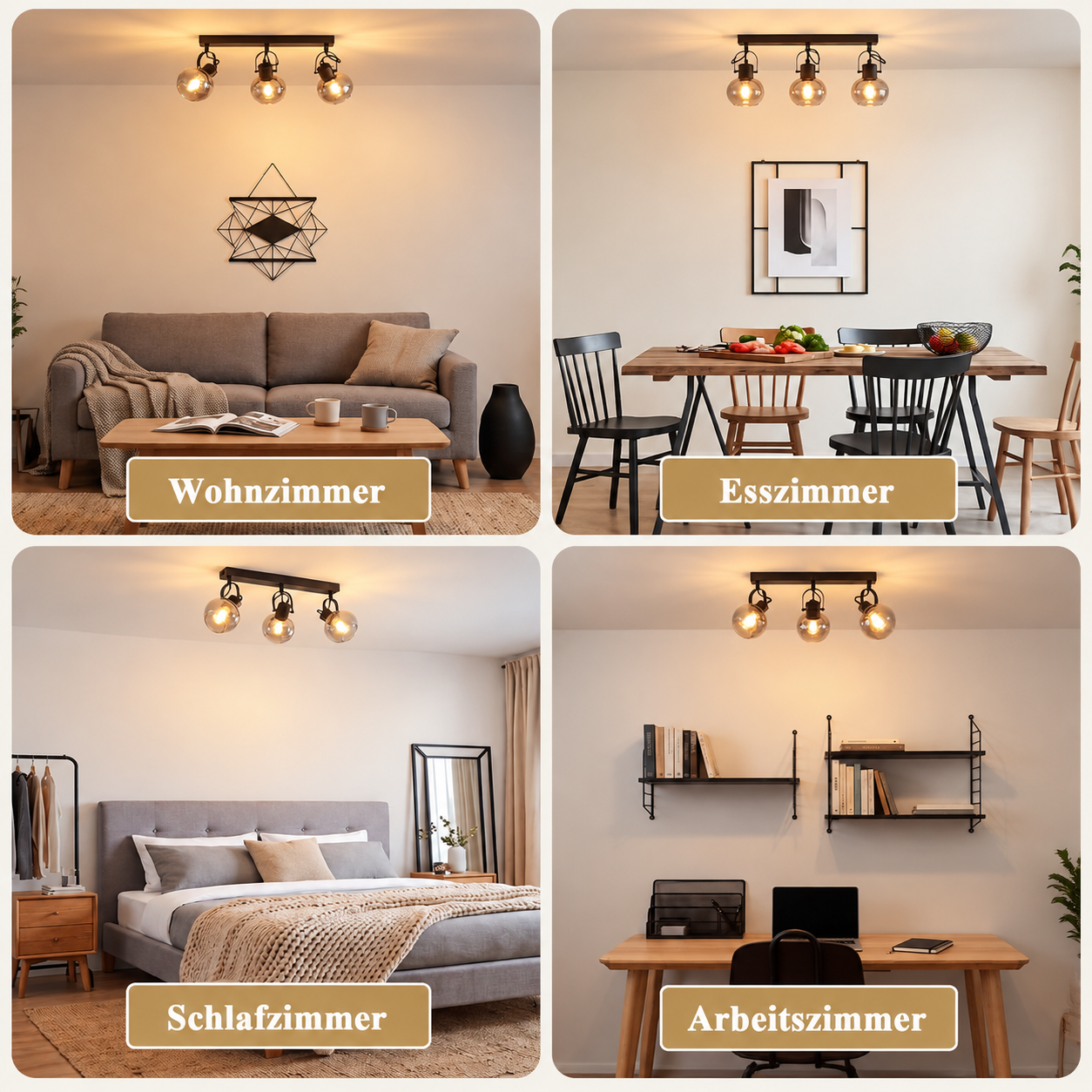 Cuatro imágenes muestran luces de techo en diferentes habitaciones: sala, comedor, dormitorio y oficina.