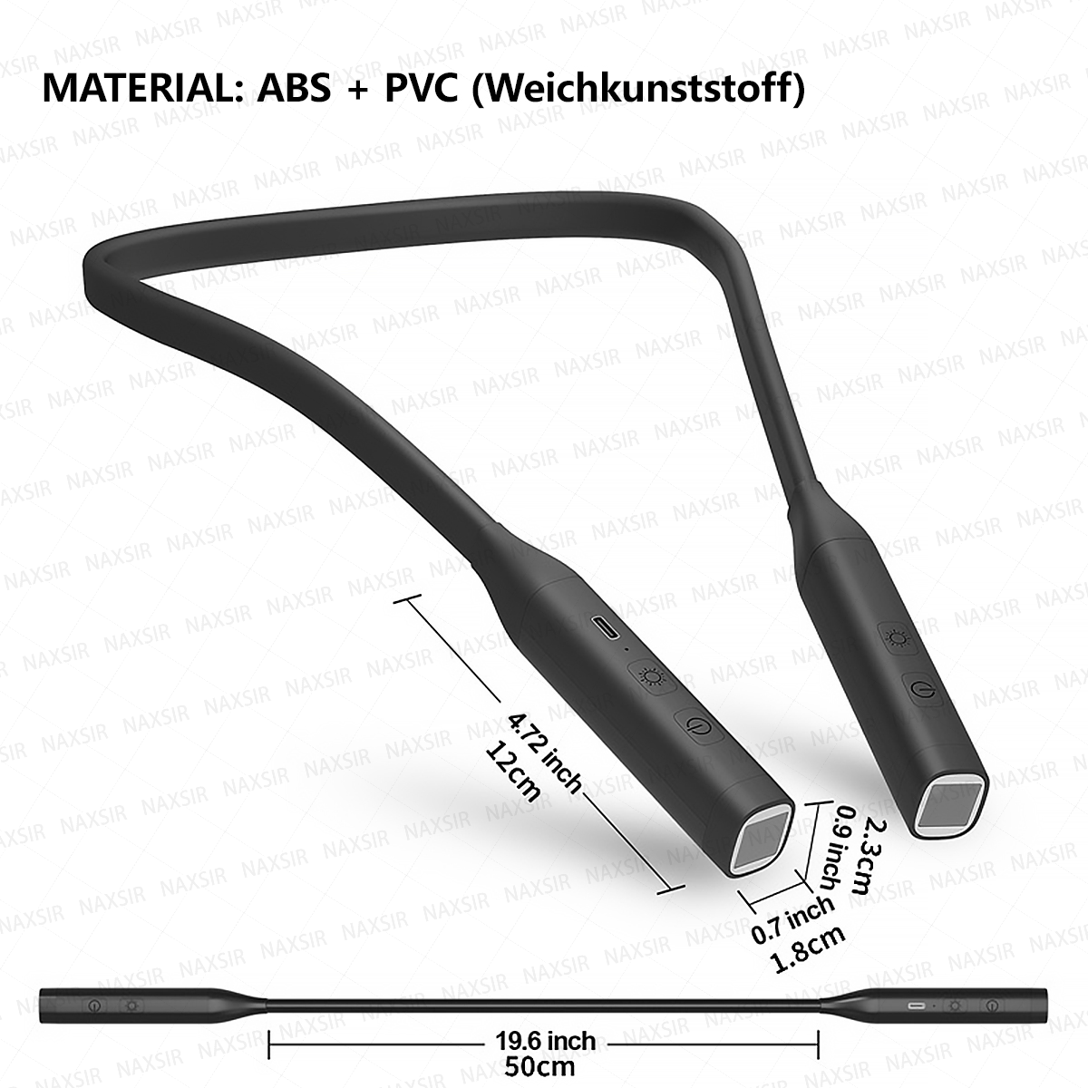 Schwarzer ABS- und PVC-Nackenventilator mit Maßangaben und Bedienelementen.