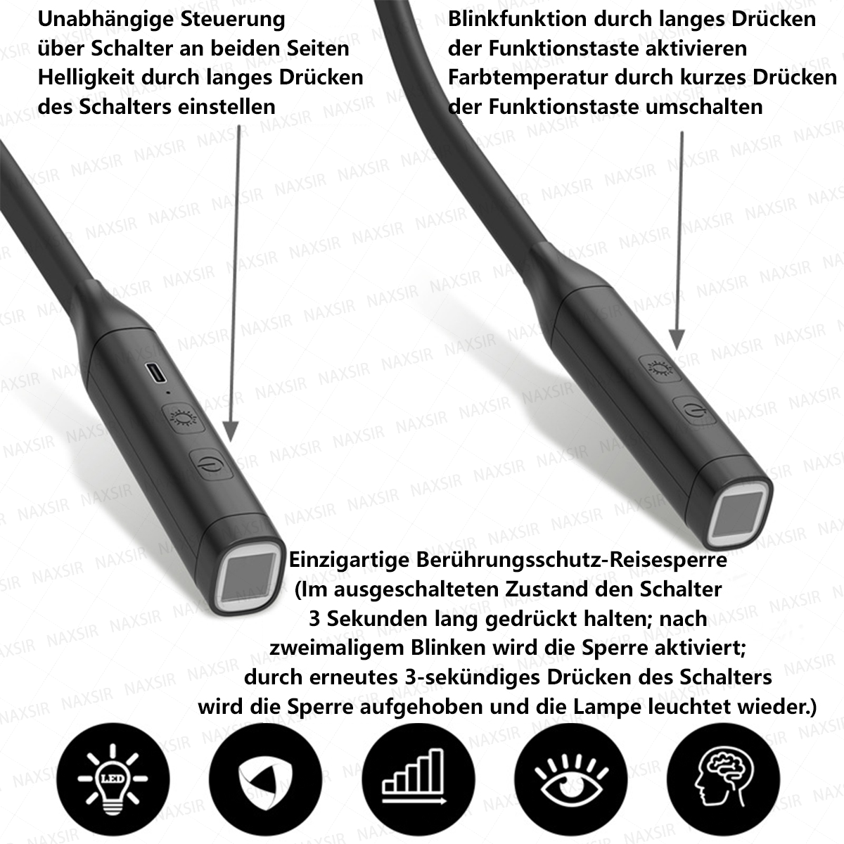 Diagramm mit Anweisungen zur Bedienung einer tragbaren Nackenlampe auf Deutsch, mit Tasten und Funktionen.