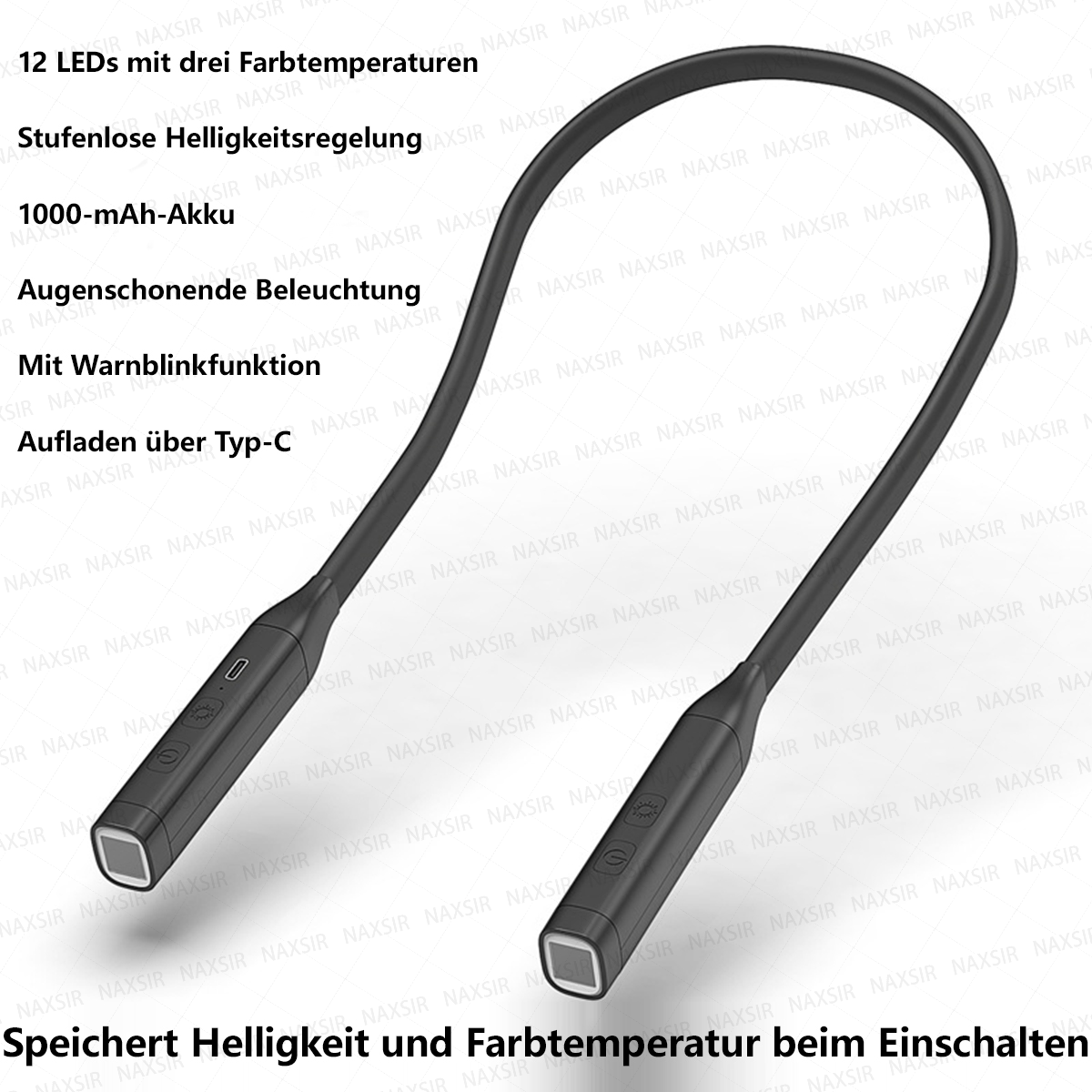 Schwarzes, biegsames Nackenlicht mit LED-Leuchten an den Enden und deutscher Produktbeschreibung.