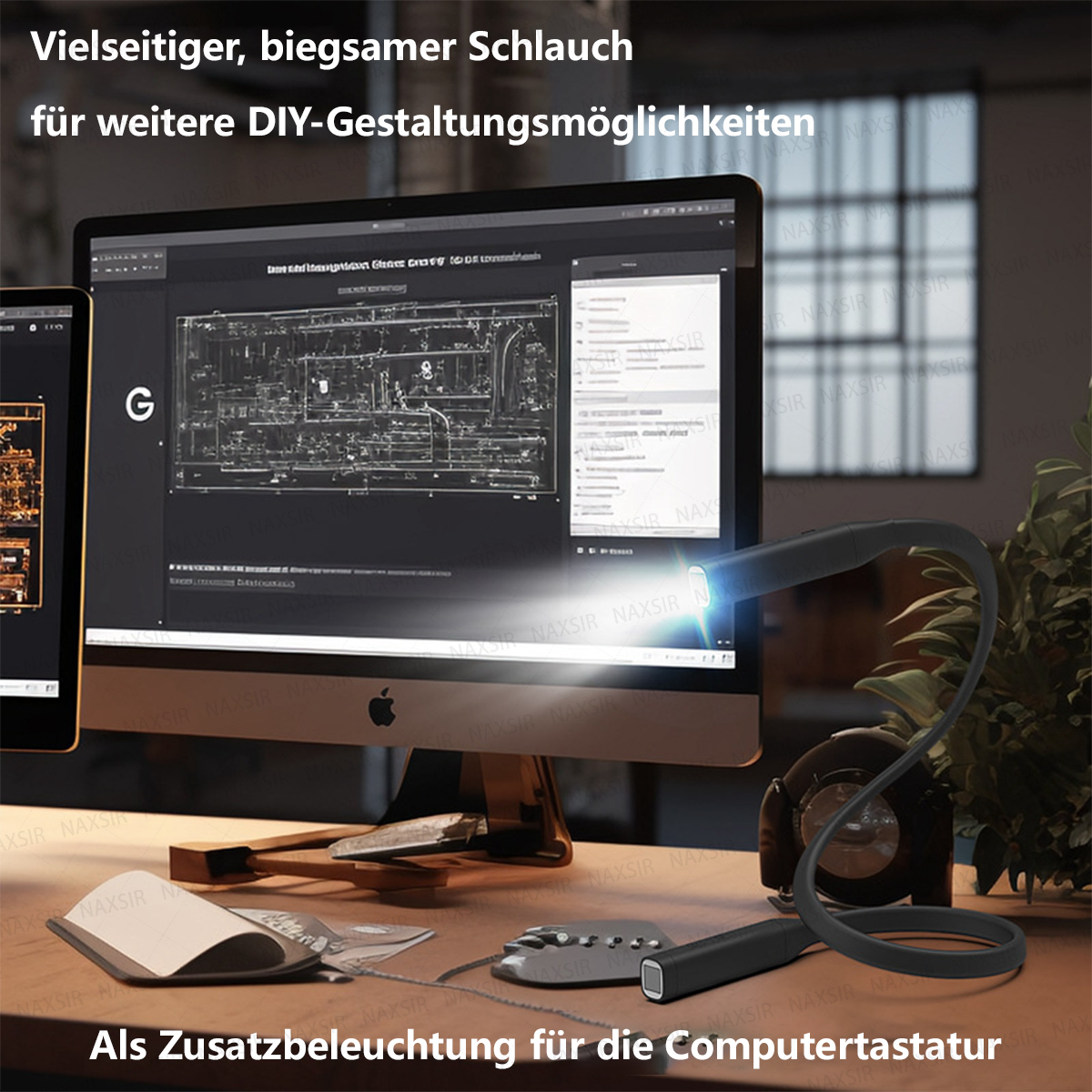 Ein flexibler USB-Halswärmer oder LED-Schlauch beleuchtet einen Computerarbeitsplatz.