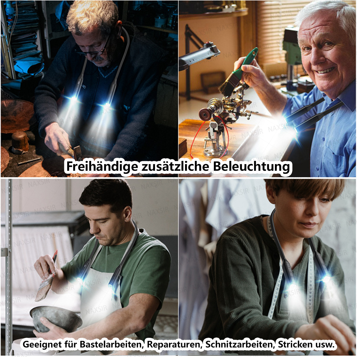 Vier Personen nutzen freihändige Nackenleuchten zum Basteln, Malen und für Detailarbeiten.