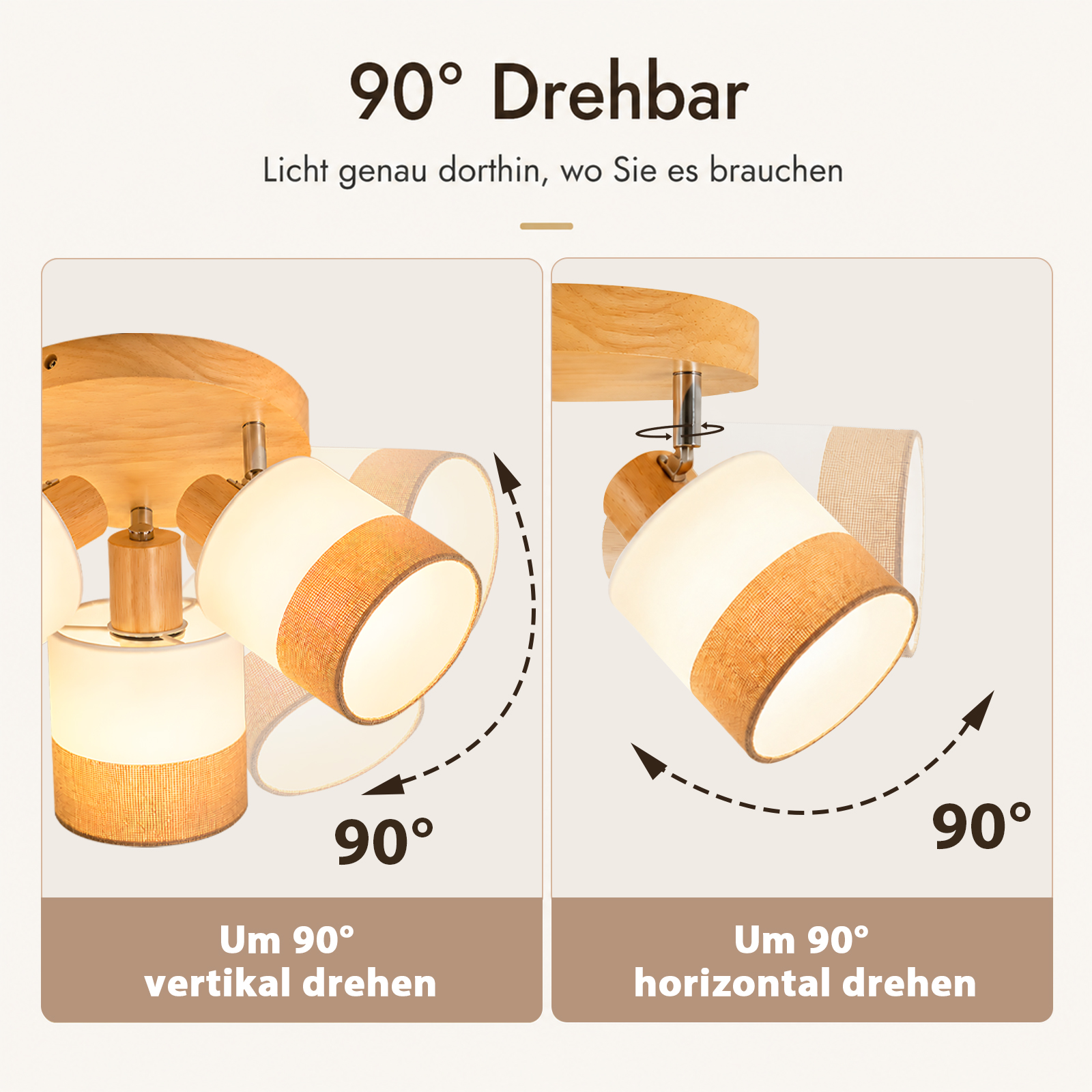 Una lámpara de techo de madera con dos focos ajustables que pueden girar 90 grados vertical y horizontalmente.