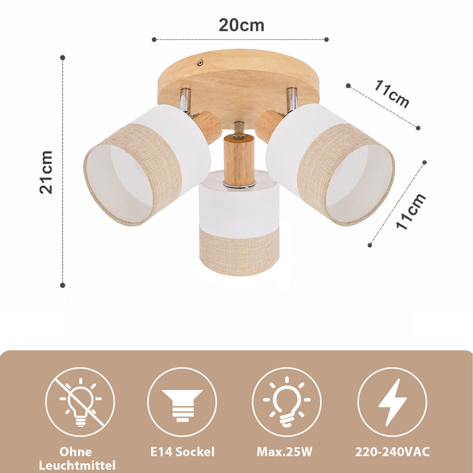 Una lámpara de techo de madera con tres pantallas ajustables, mostrando dimensiones y especificaciones abajo.