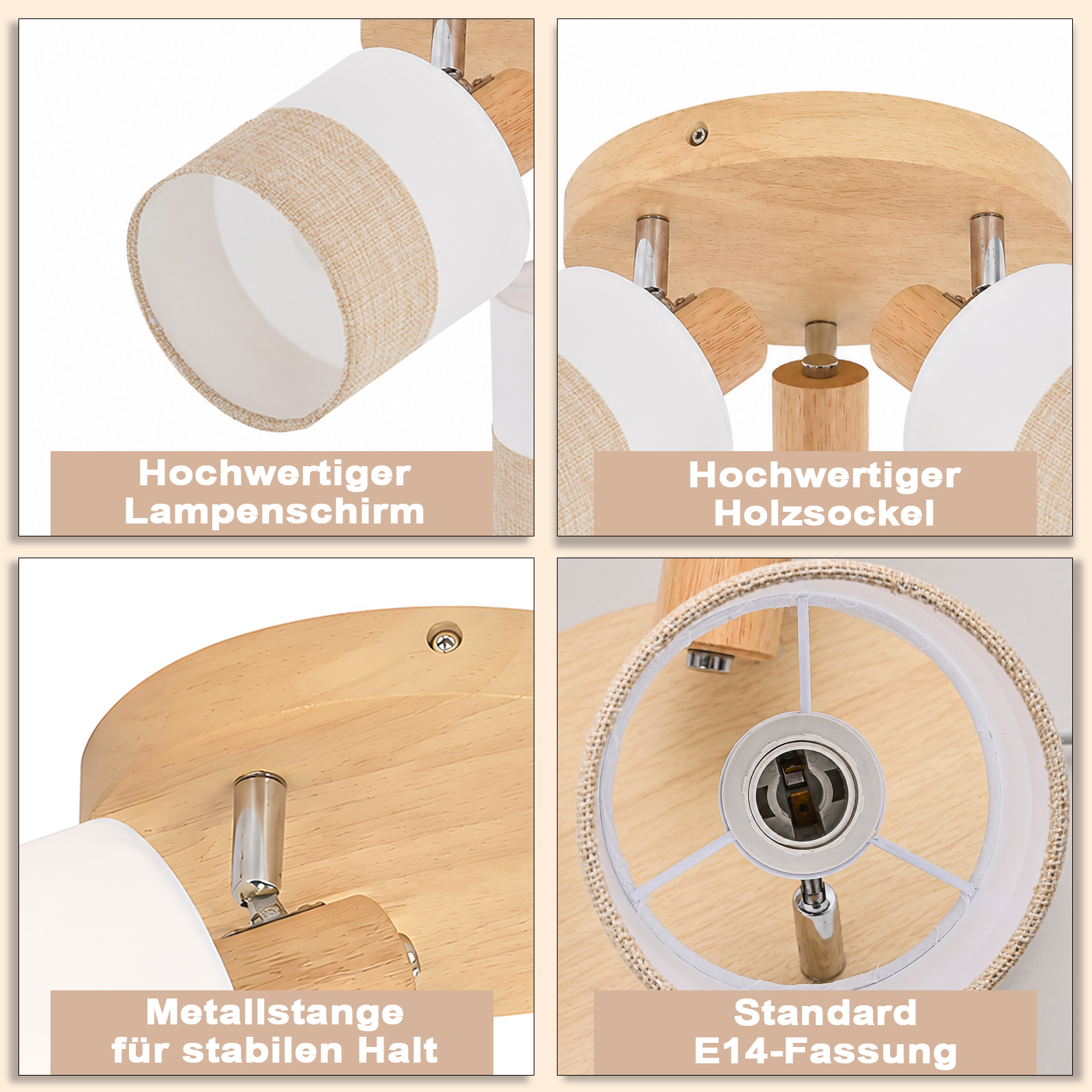 Imagen de cuatro paneles que muestra detalles de una lámpara de techo de madera: pantalla, base, soporte y casquillo E14.