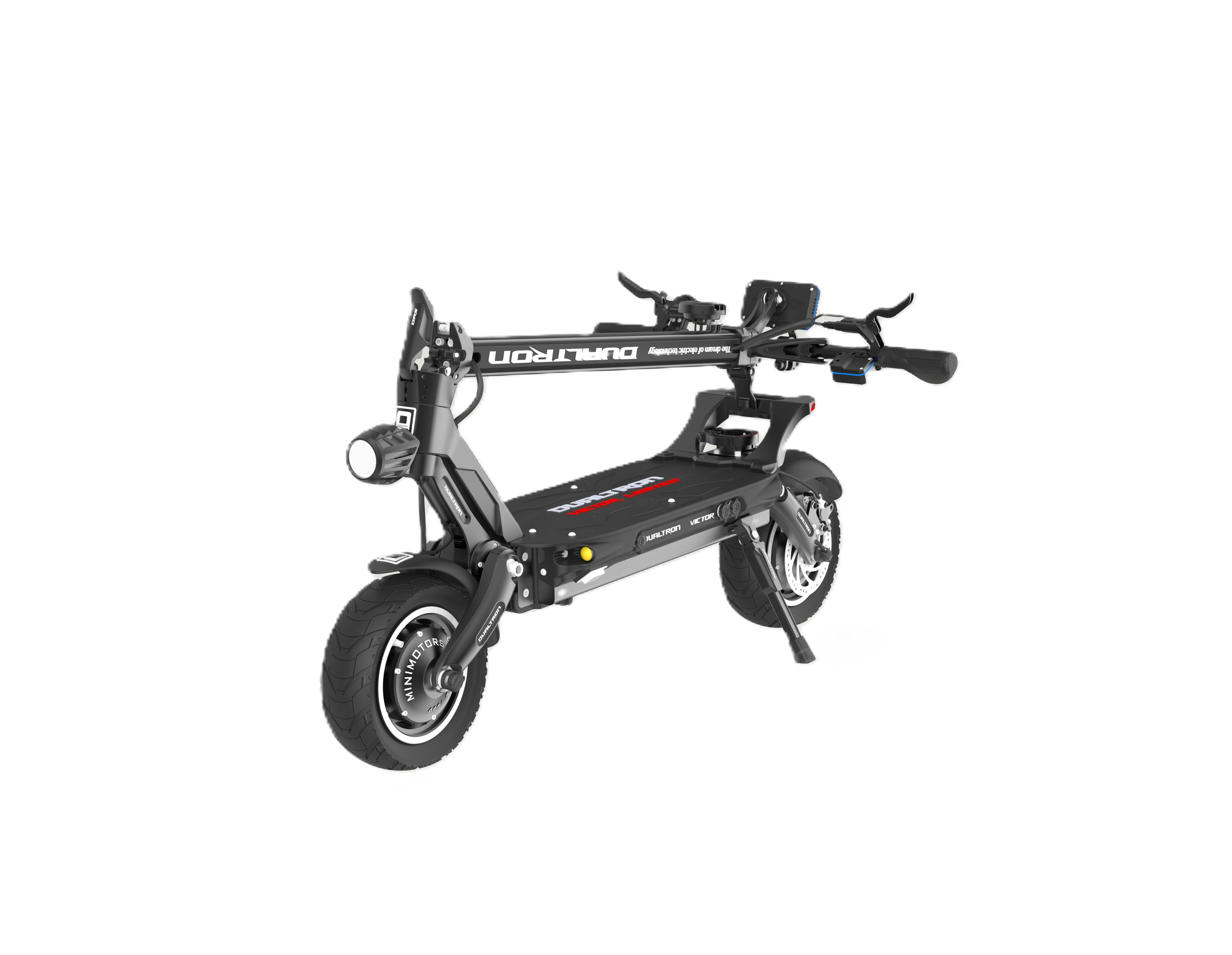 Beyaz arka planda iki tekerlekli ve katlanmış gidonlu siyah bir Dualtron elektrikli scooter.