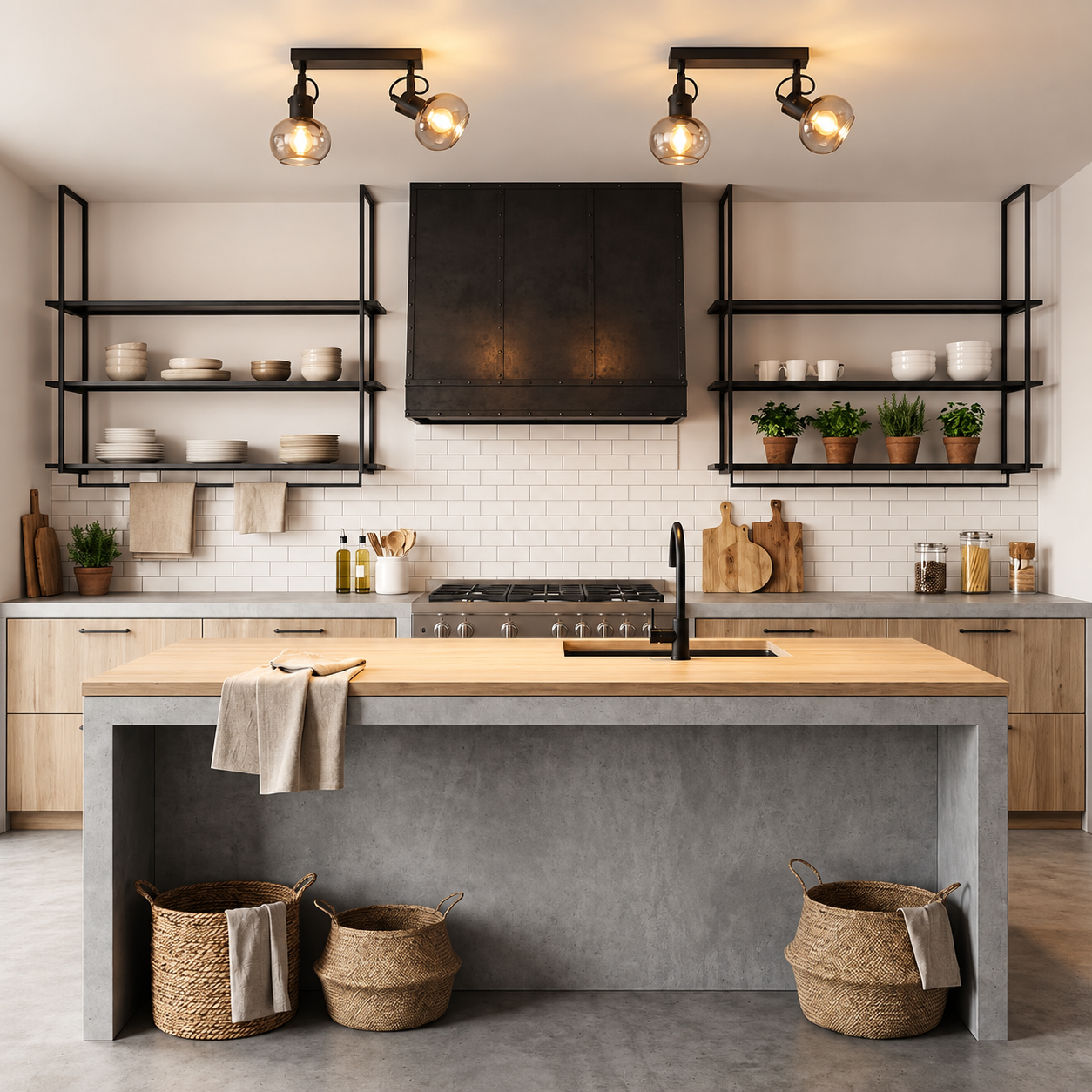 Cocina moderna con isla de hormigón, encimeras de madera, estantes de metal negro y luces.