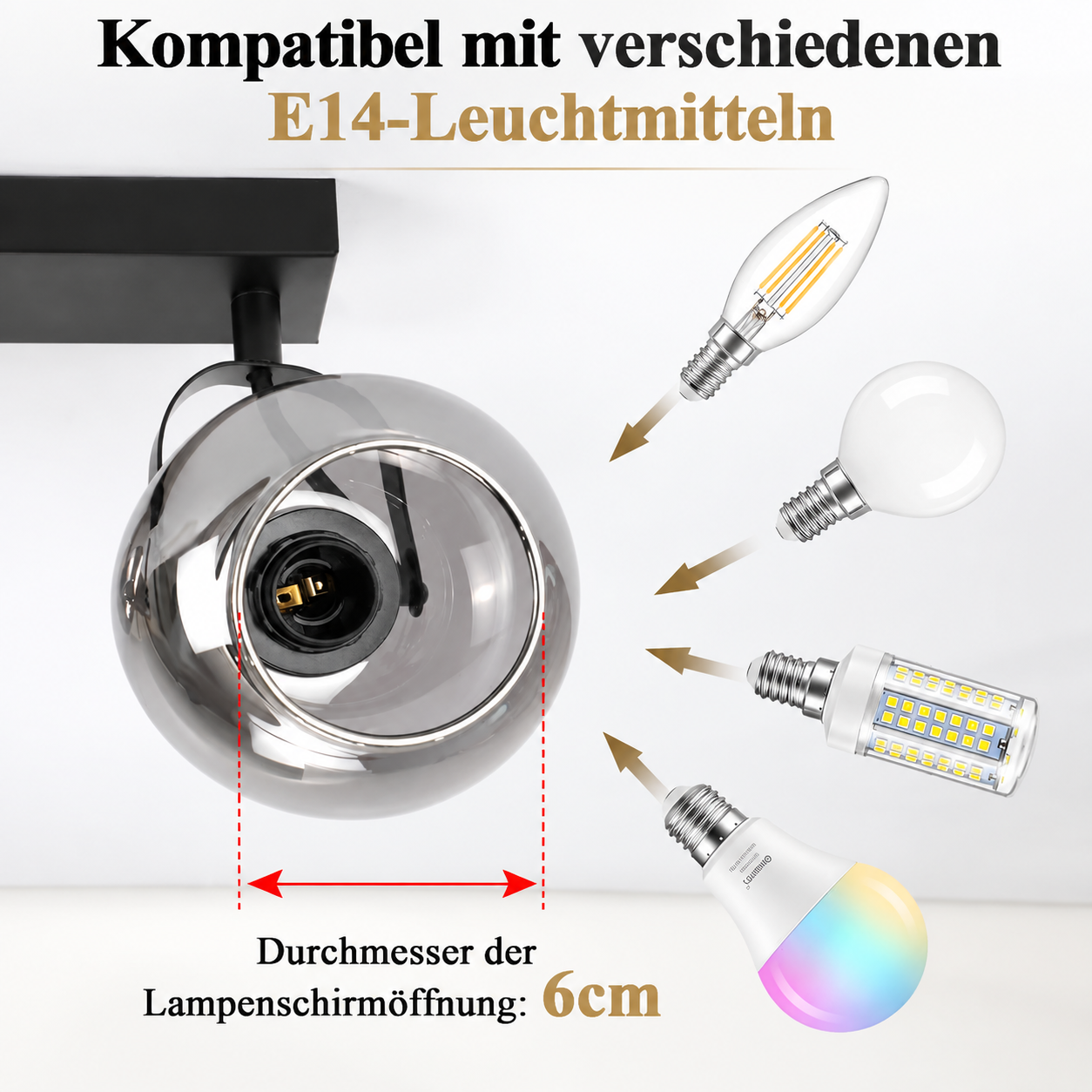 Lámpara de techo negra con pantalla de cristal ahumado y cuatro bombillas E14 diferentes al lado.