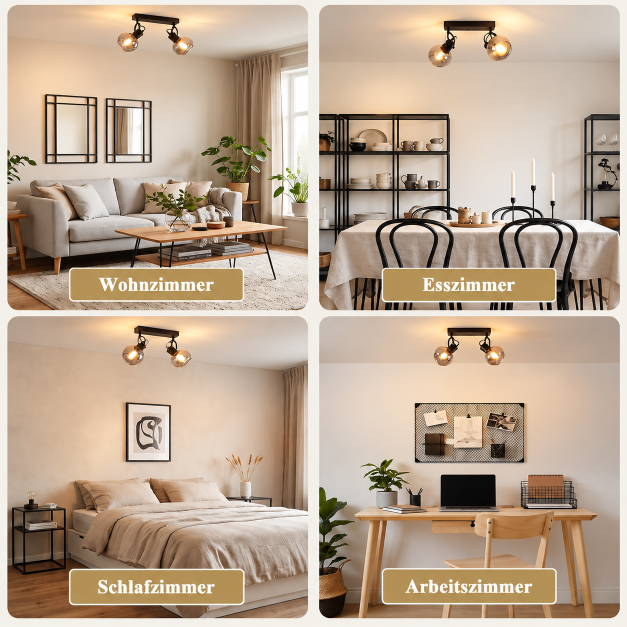 Cuatro imágenes muestran diferentes habitaciones: sala, comedor, dormitorio y oficina con luces de techo.