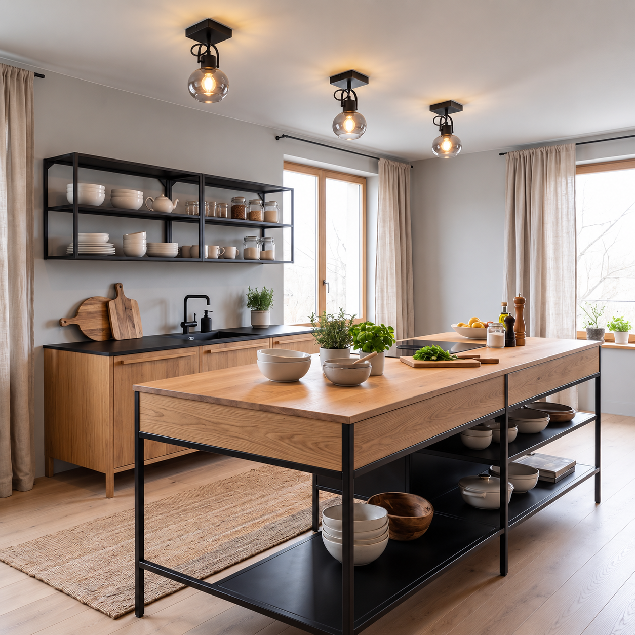 Cocina moderna con islas de madera, estantes negros y lámparas colgantes.