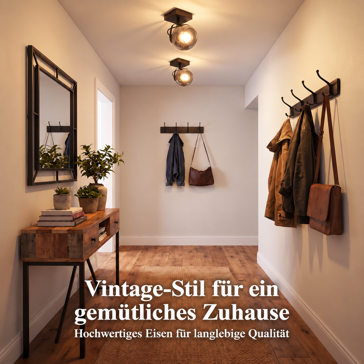 Pasillo de estilo vintage con suelo de madera, mesa consola, espejo, plantas y perchas.