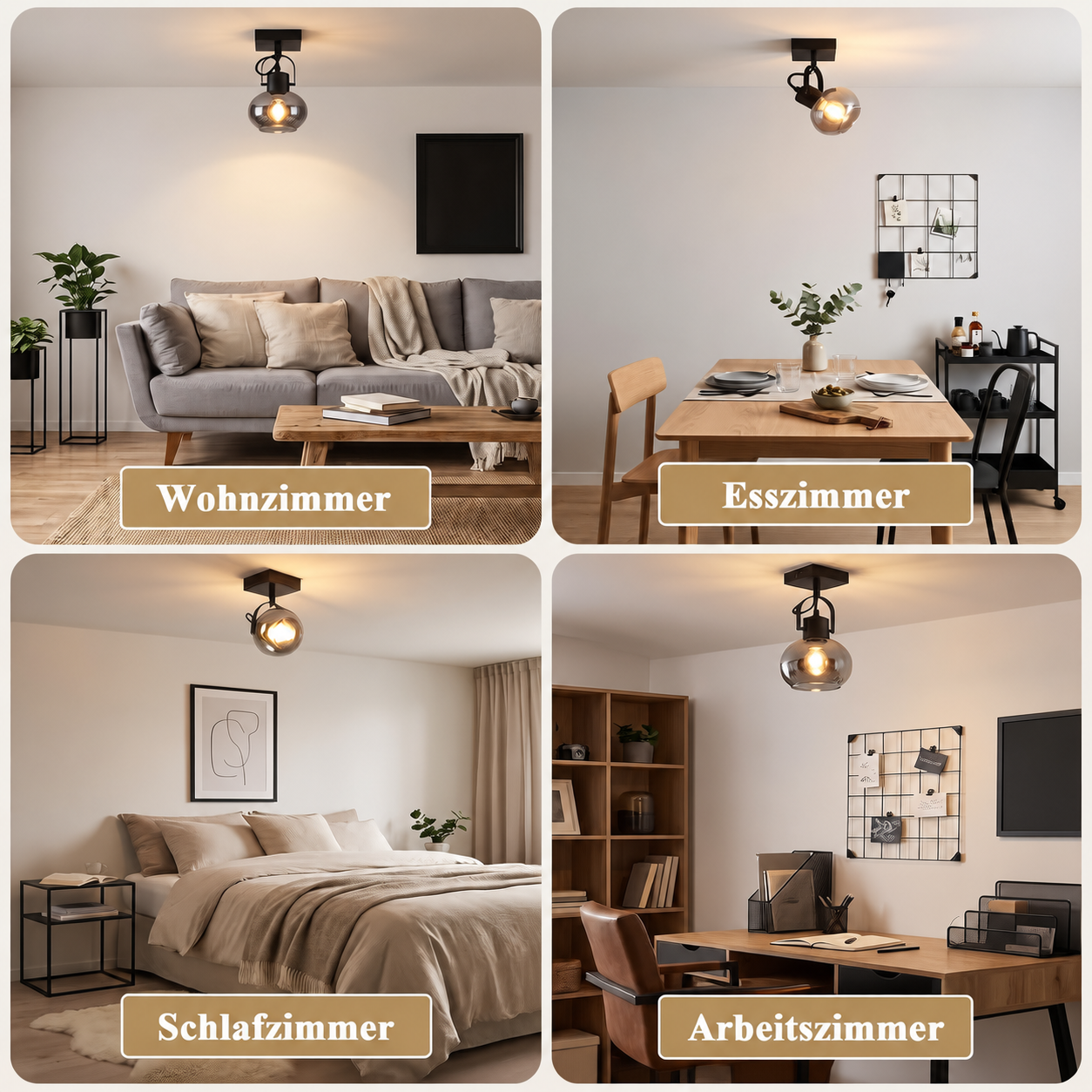 Cuatro paneles muestran distintas habitaciones: salón, comedor, dormitorio y despacho, todas con la misma lámpara.