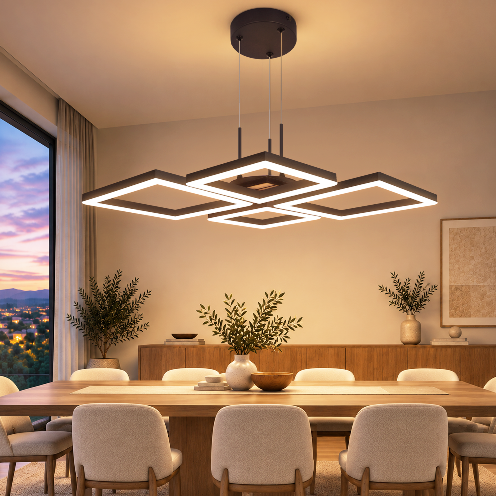 Comedor con gran mesa de madera, sillas claras y moderna lámpara colgante LED cuadrada.