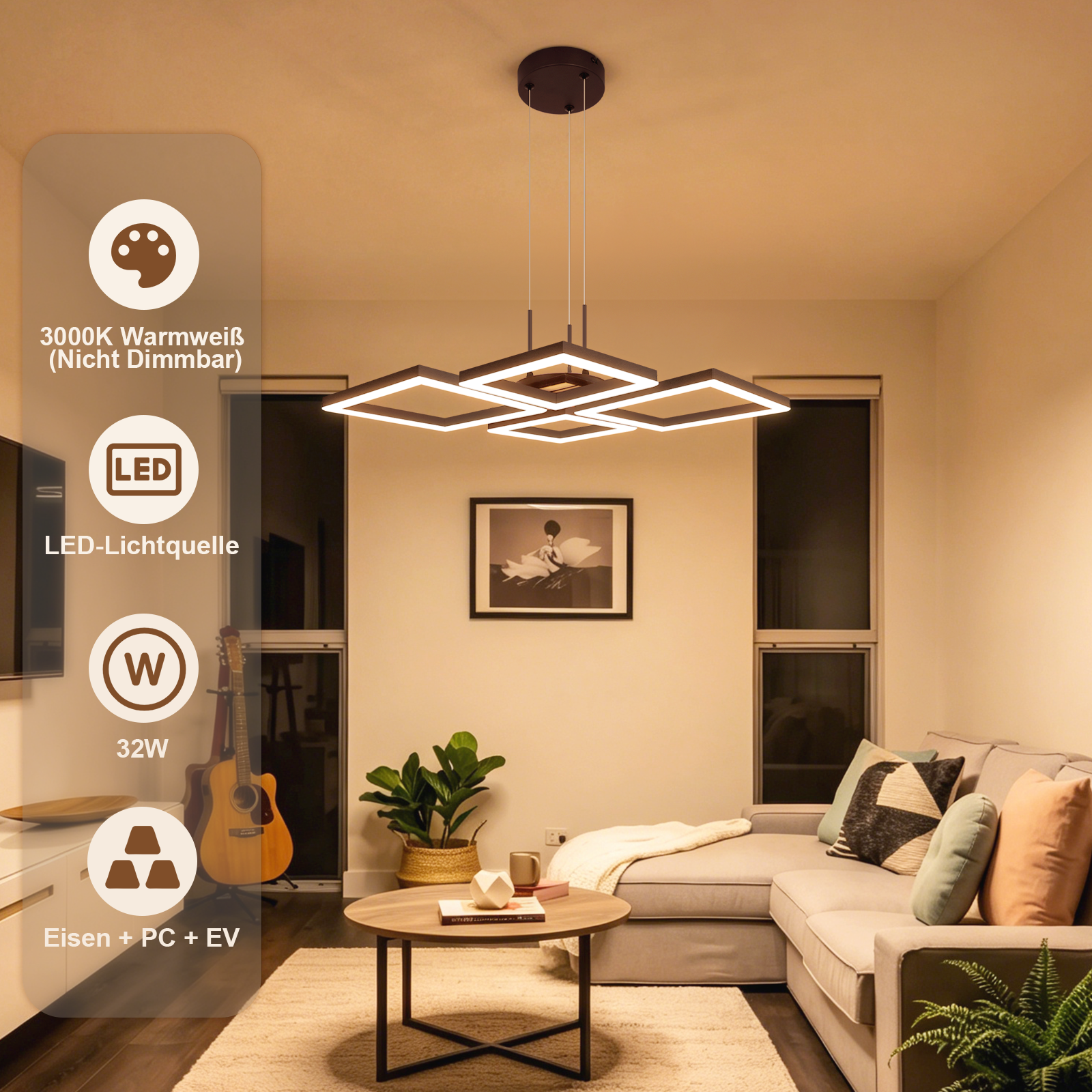 Sala de estar con moderna lámpara colgante LED cuadrada, sofá gris, mesa de centro y guitarra.
