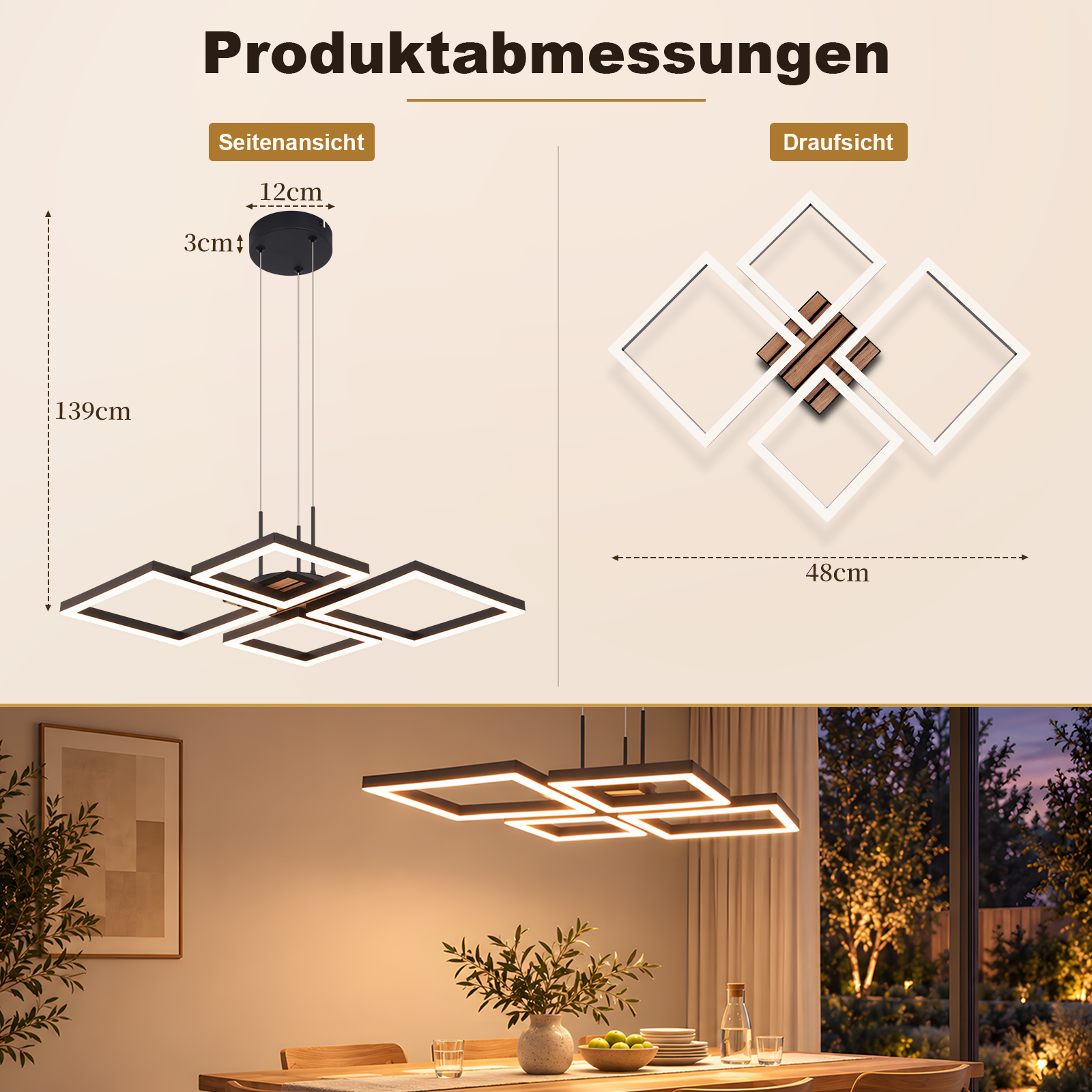 Dibujo técnico de las dimensiones de la lámpara y foto de la lámpara sobre una mesa de comedor.