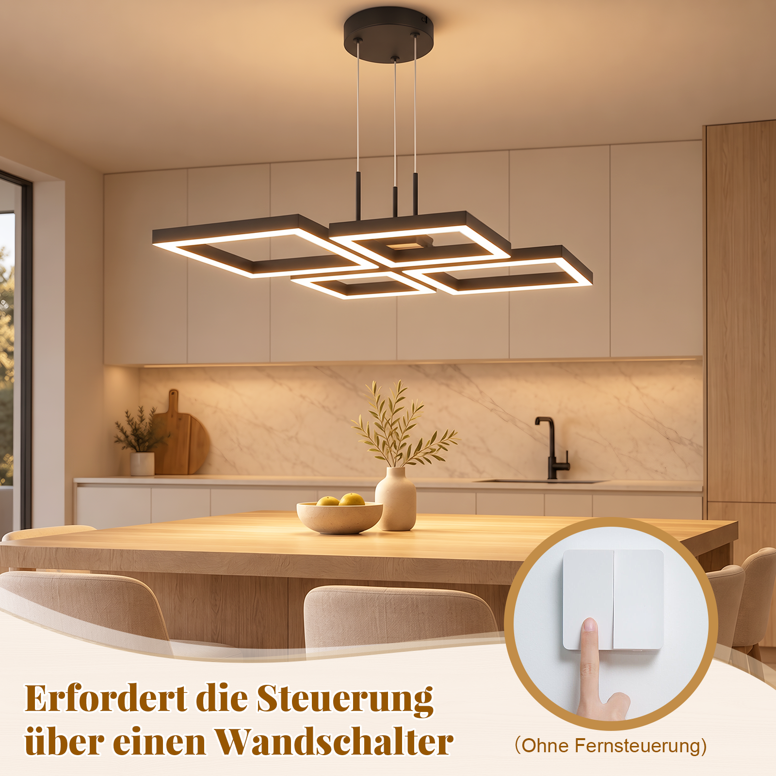 Lámpara colgante cuadrada moderna sobre una mesa de madera en una cocina luminosa, con control de interruptor.