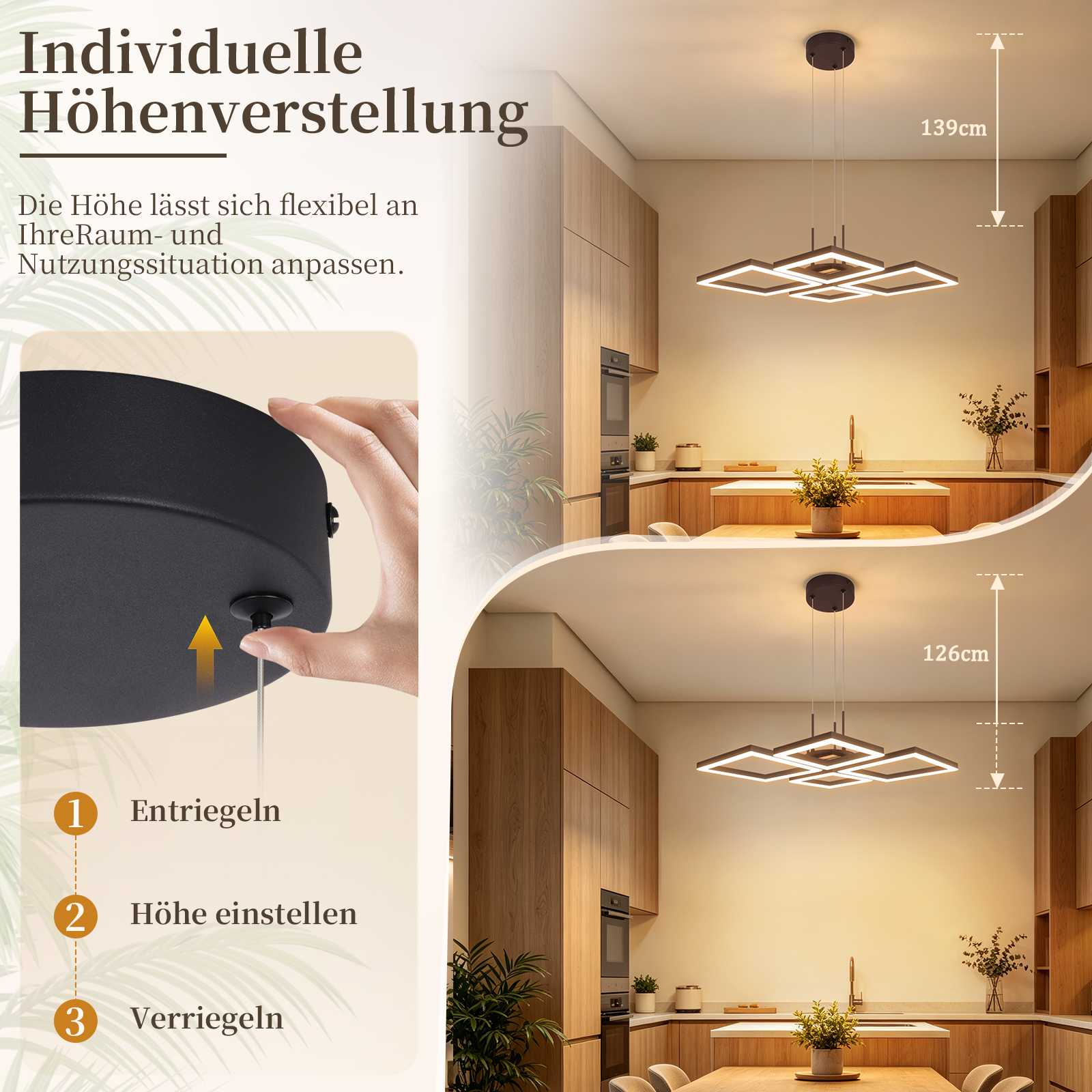 Lámpara colgante moderna con altura ajustable sobre una mesa de madera en una cocina.
