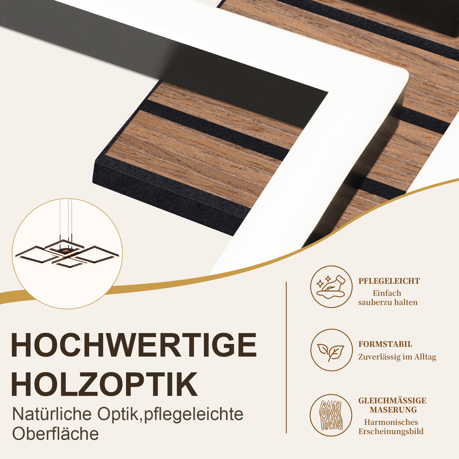 Anuncio de lámpara con aspecto de madera, panel e iconos.