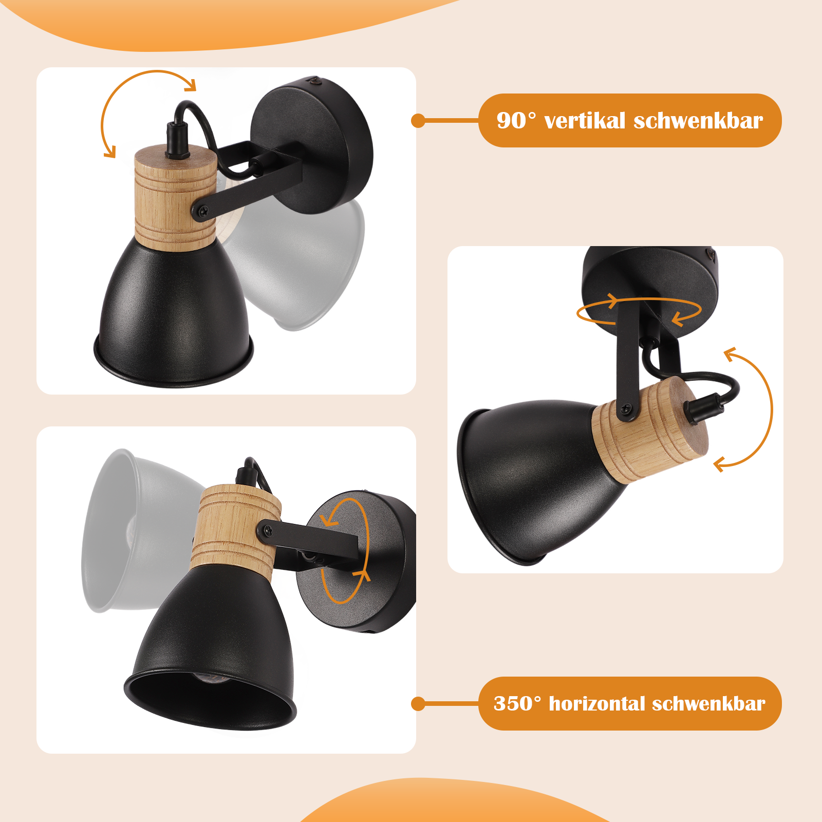 Lámpara de pared negra y de madera con giro vertical y horizontal mostrada en tres ángulos.