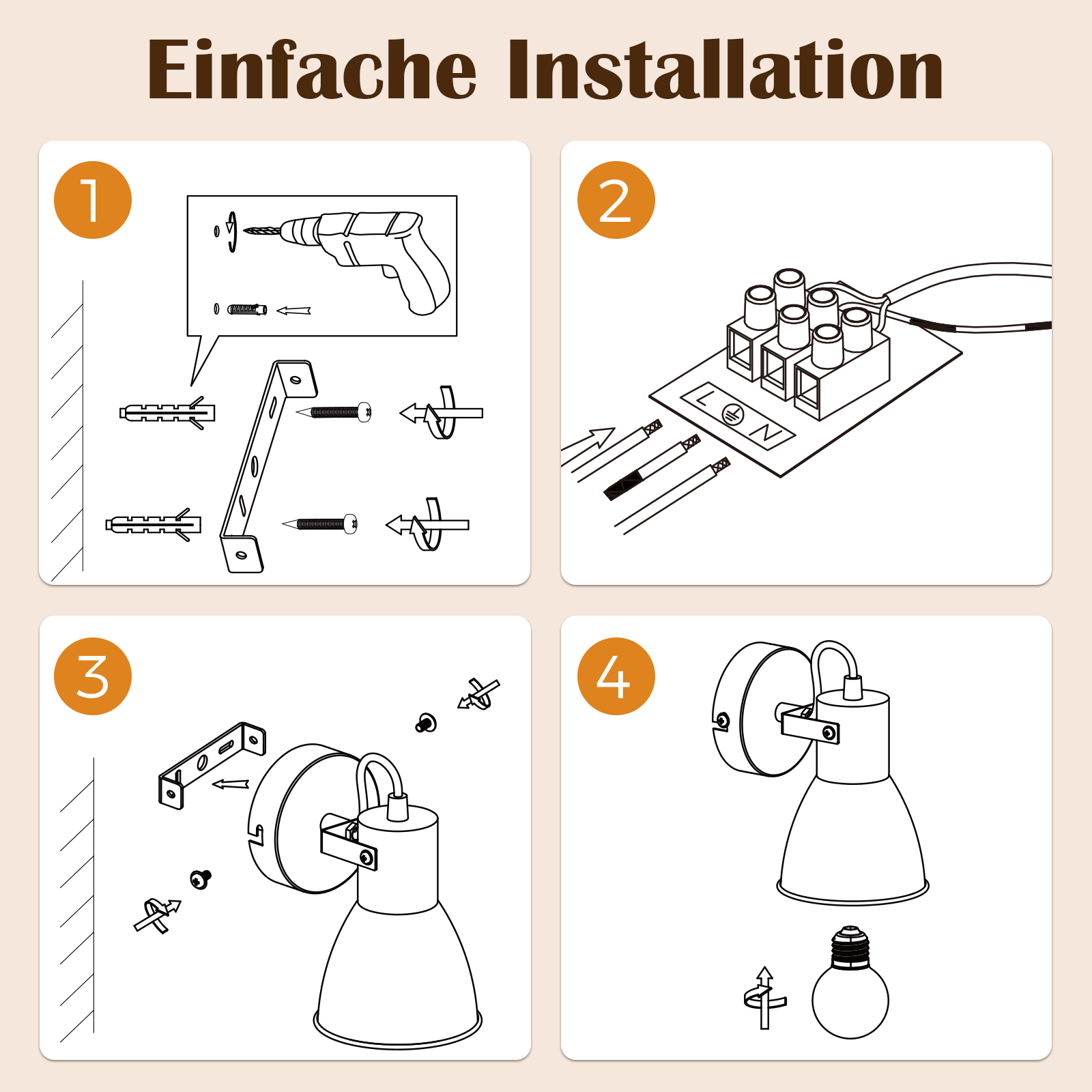 Cuatro pasos para instalar una lámpara de pared con taladro, cables, soporte y bombilla.