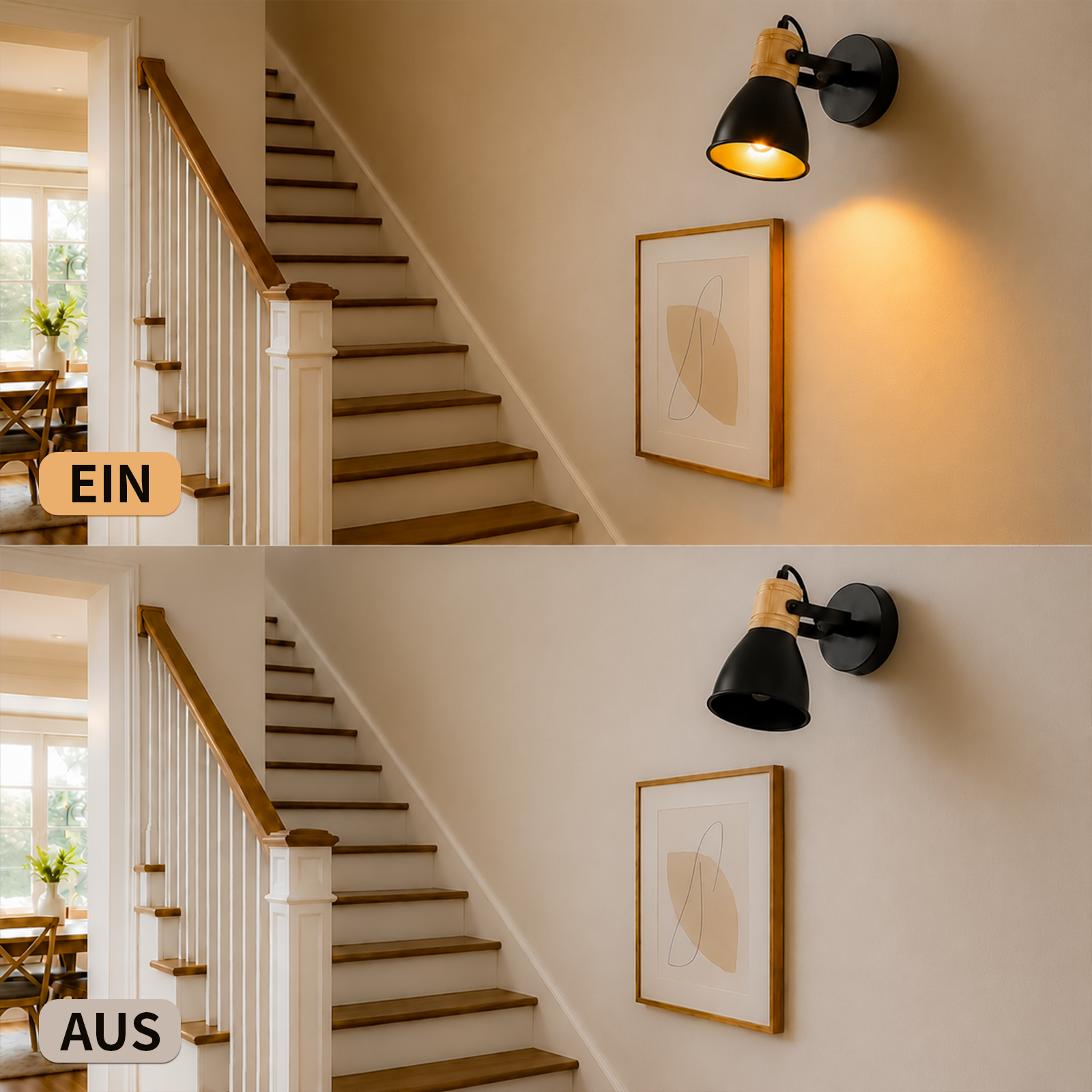 Lámpara de pared en la escalera, encendida arriba, apagada abajo.