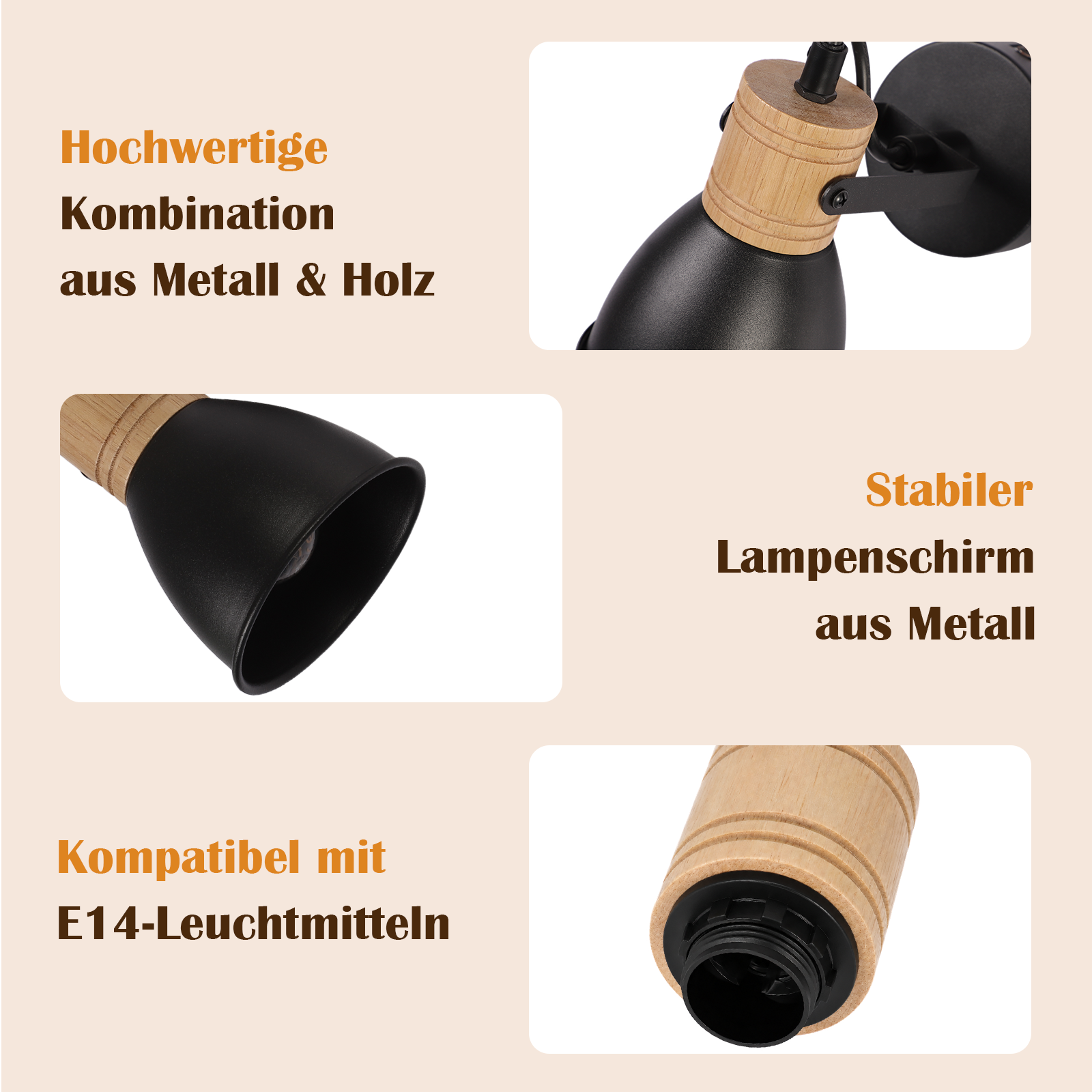 Características de la lámpara: metal y madera, pantalla resistente, compatible con E14.
