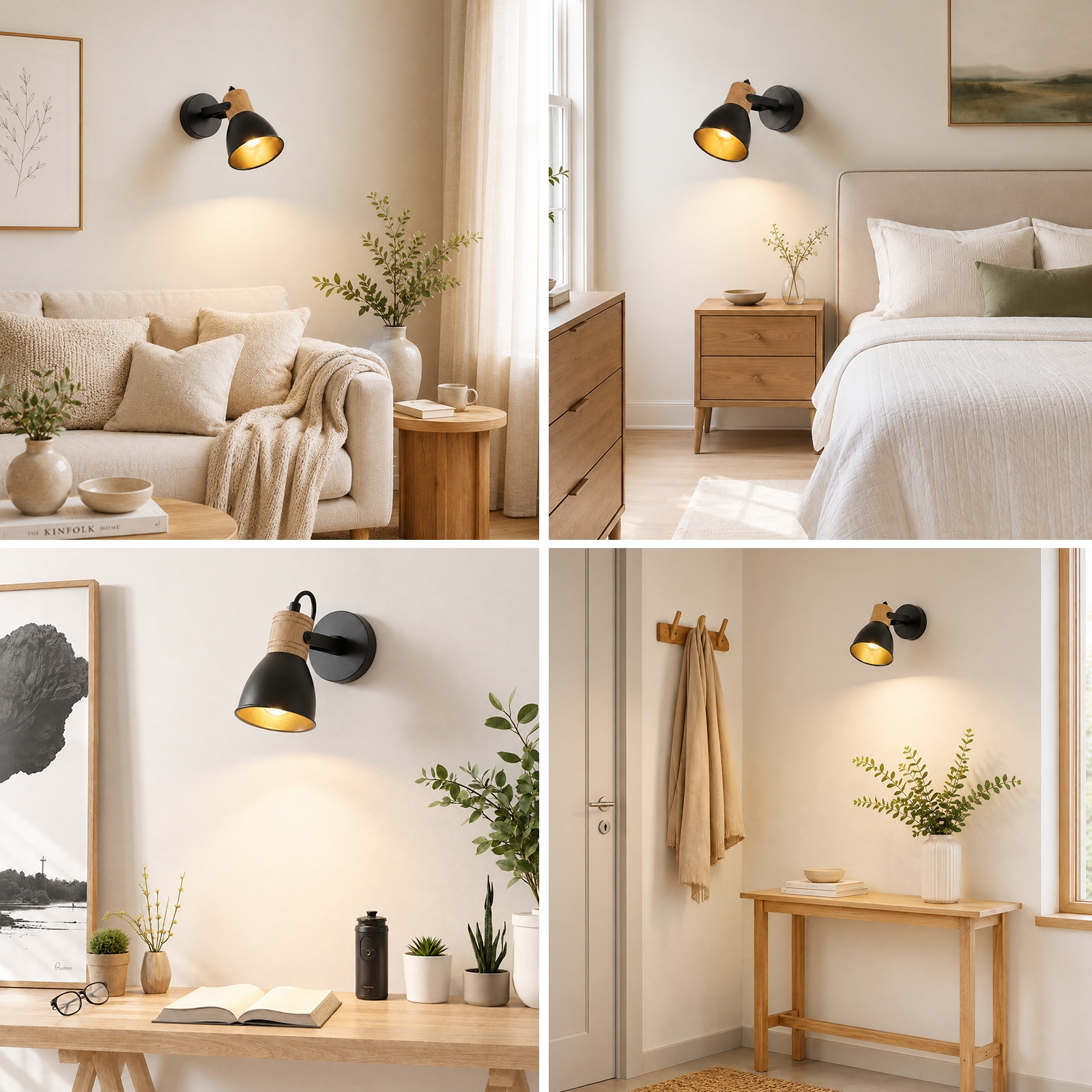 Cuatro imágenes muestran lámparas de pared negras modernas con detalles de madera en varios interiores como sala y dormitorio.