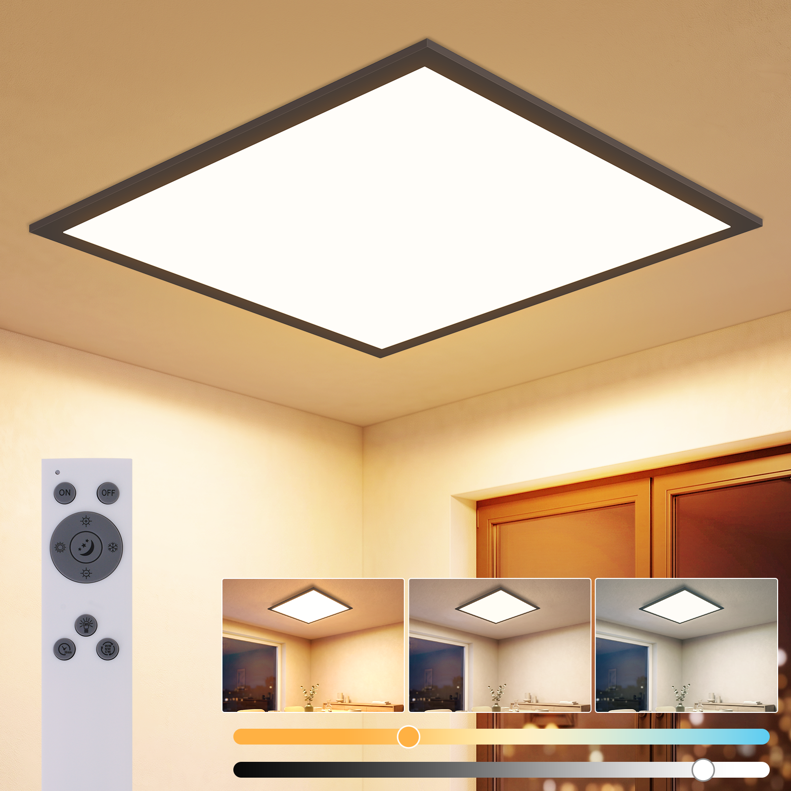 Una lámpara de techo LED cuadrada con marco negro y control remoto, mostrando varios colores de luz.