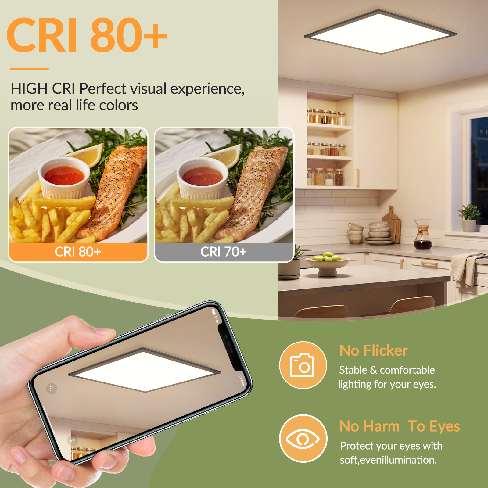 Luz de techo LED con alta reproducción cromática, luz sin parpadeos y diseño protector para los ojos.