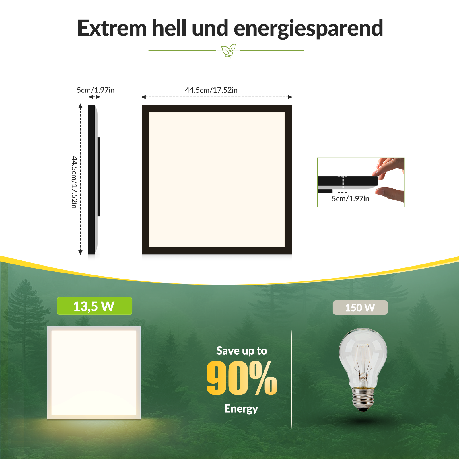 Panel LED con dimensiones, 13.5W de potencia y 90% de ahorro de energía frente a bombilla de 150W.