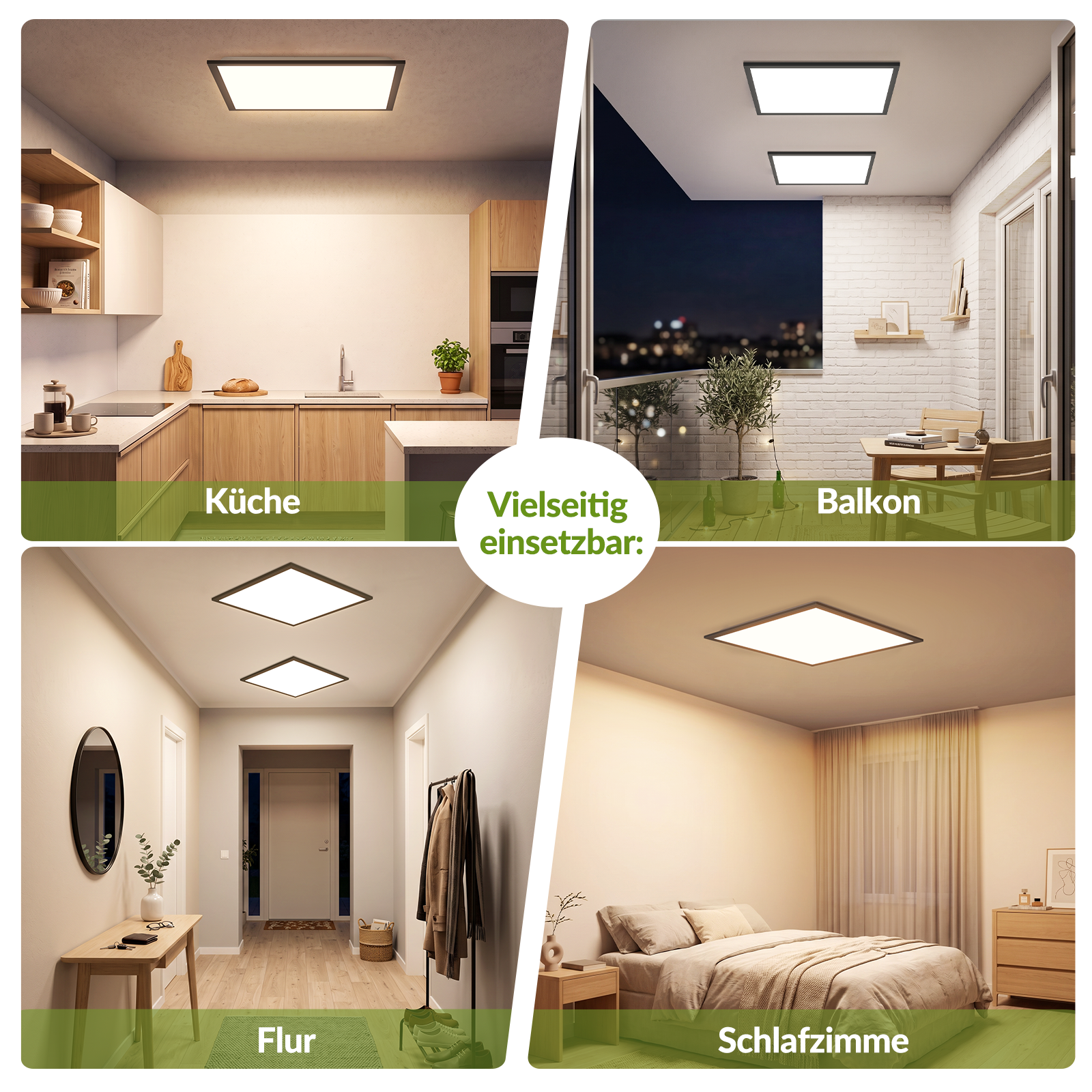 Cuatro imágenes muestran luces de techo modernas en cocina, balcón, pasillo y dormitorio.