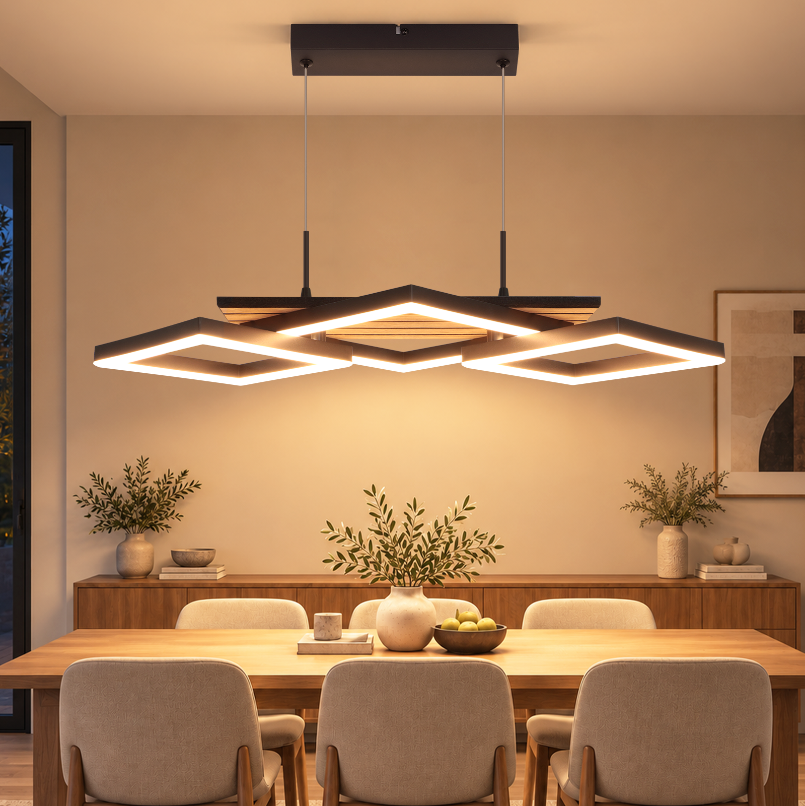 Un comedor moderno con una mesa de madera, sillas, un aparador y una lámpara colgante geométrica.