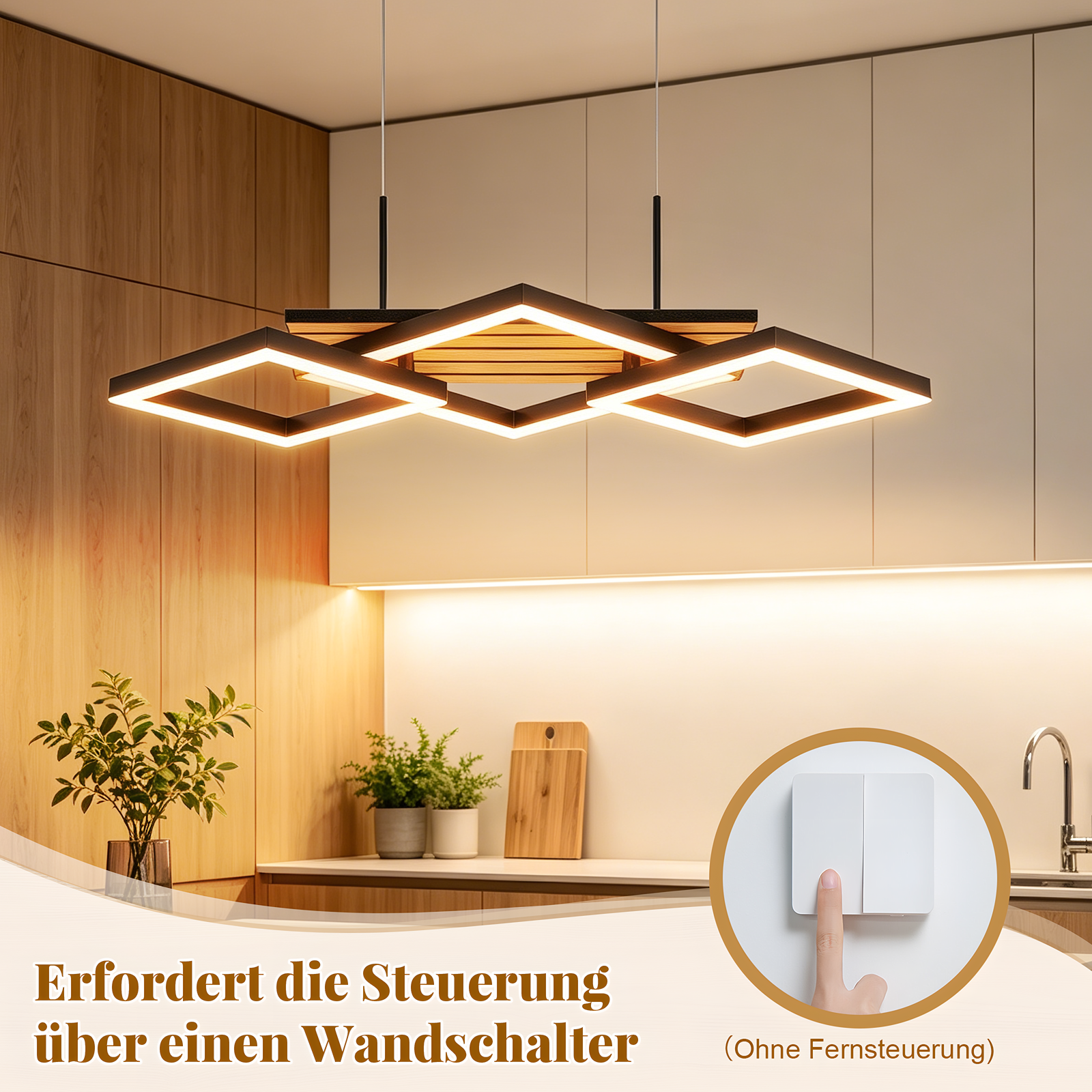 Lámpara colgante moderna con elementos cuadrados sobre una cocina de madera, con interruptor de pared.
