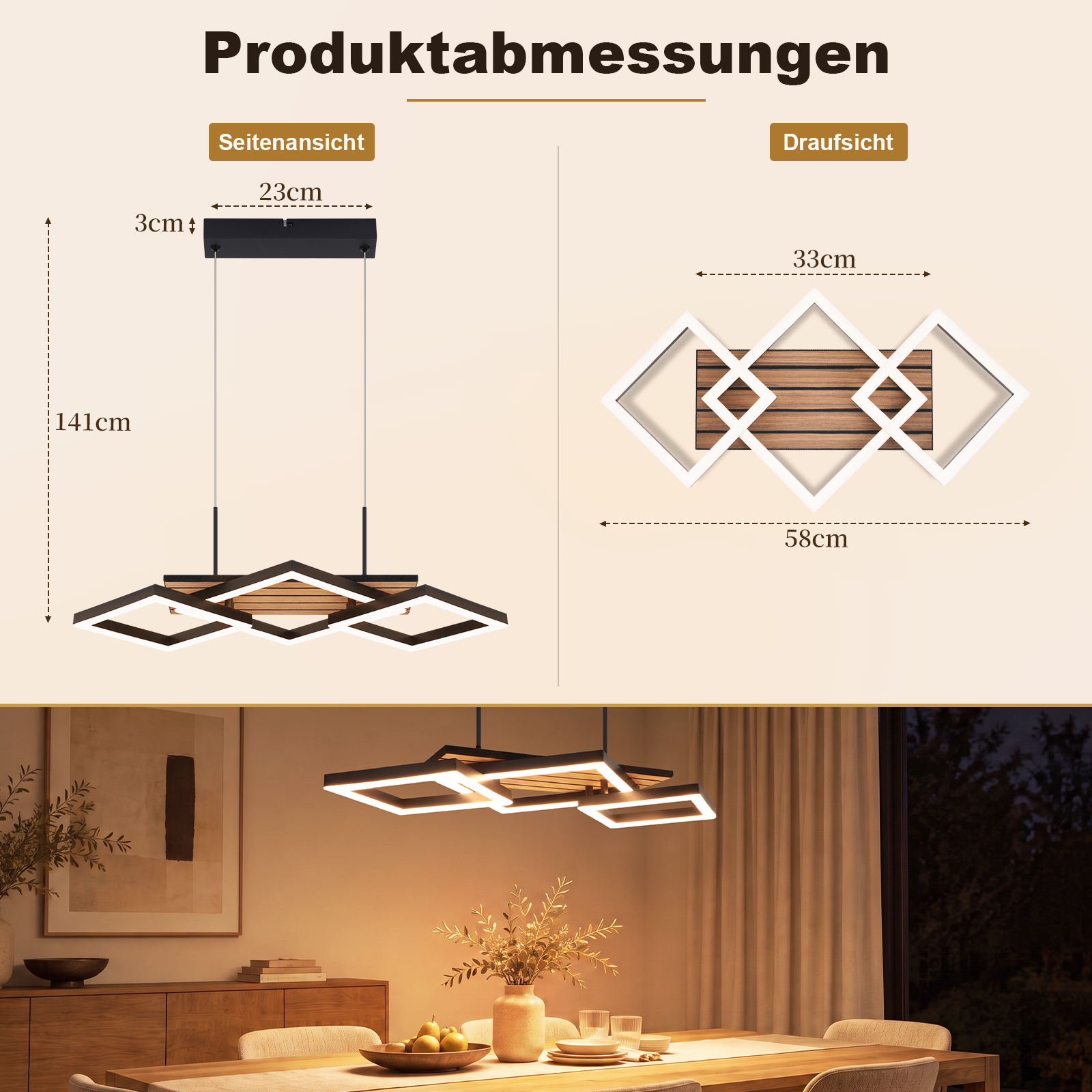 Diagrama de dimensiones de una lámpara colgante moderna e imagen de la lámpara sobre una mesa de comedor.